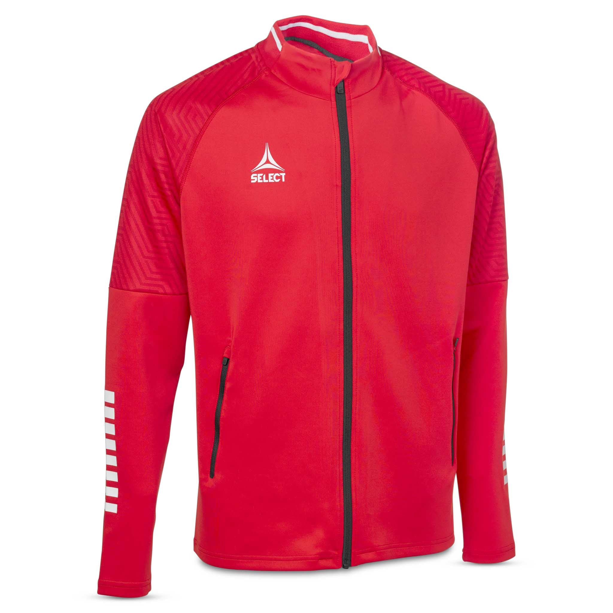Forside av rød og hvit Zip jacket Monaco v24, Match & Training wear for fotball.