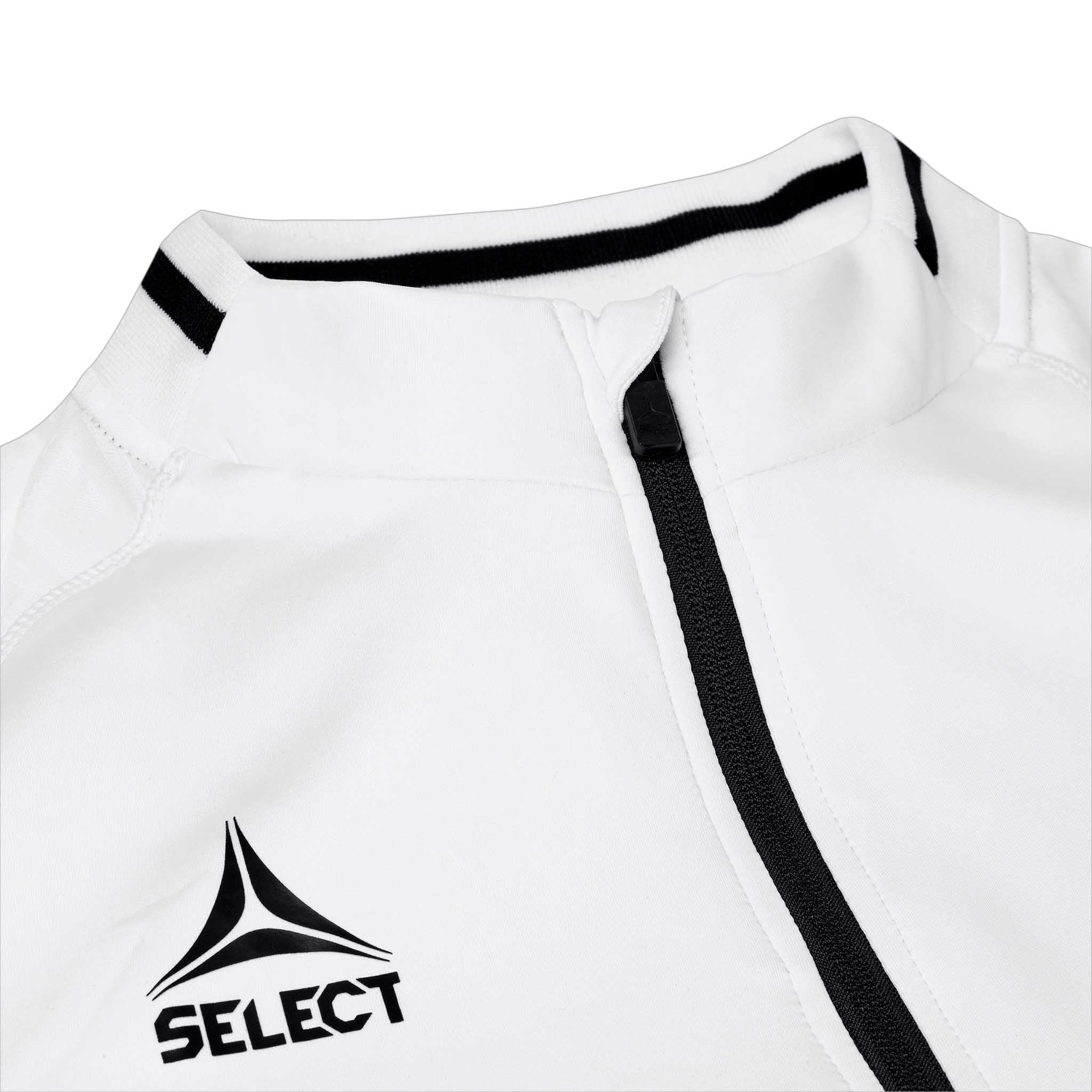 Nærbilde av hvit Zip jacket Monaco v24, Match & Training wear, med sort glidelås, kravekant og Select-logo.