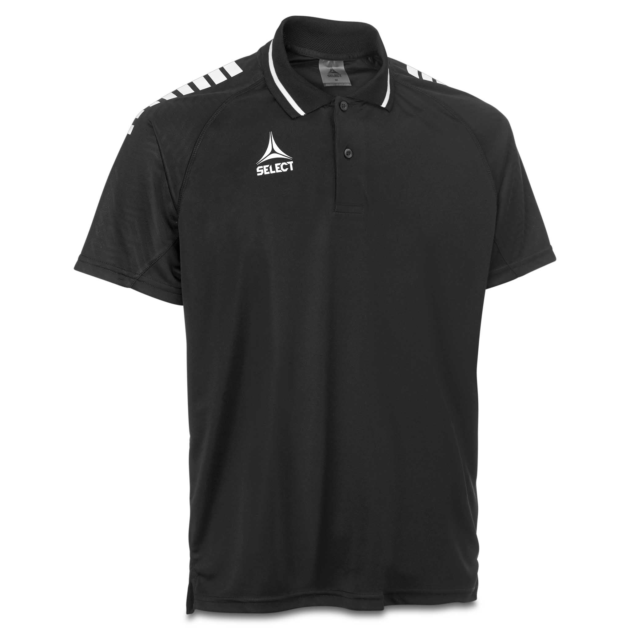 Forfra av svart og hvit Technical Polo Monaco v24 fotball fritidsklær med krage og knapper.