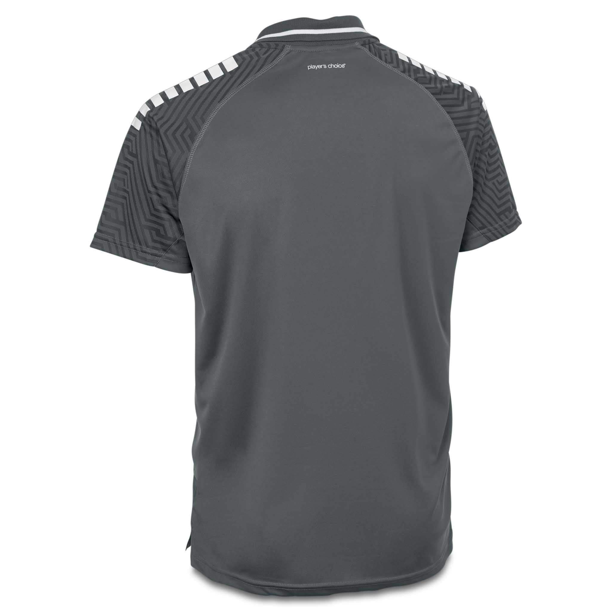 Bakside av grå Technical Polo Monaco v24 fritidsklær med hvite og svarte mønstrede ermer, fotballklær.