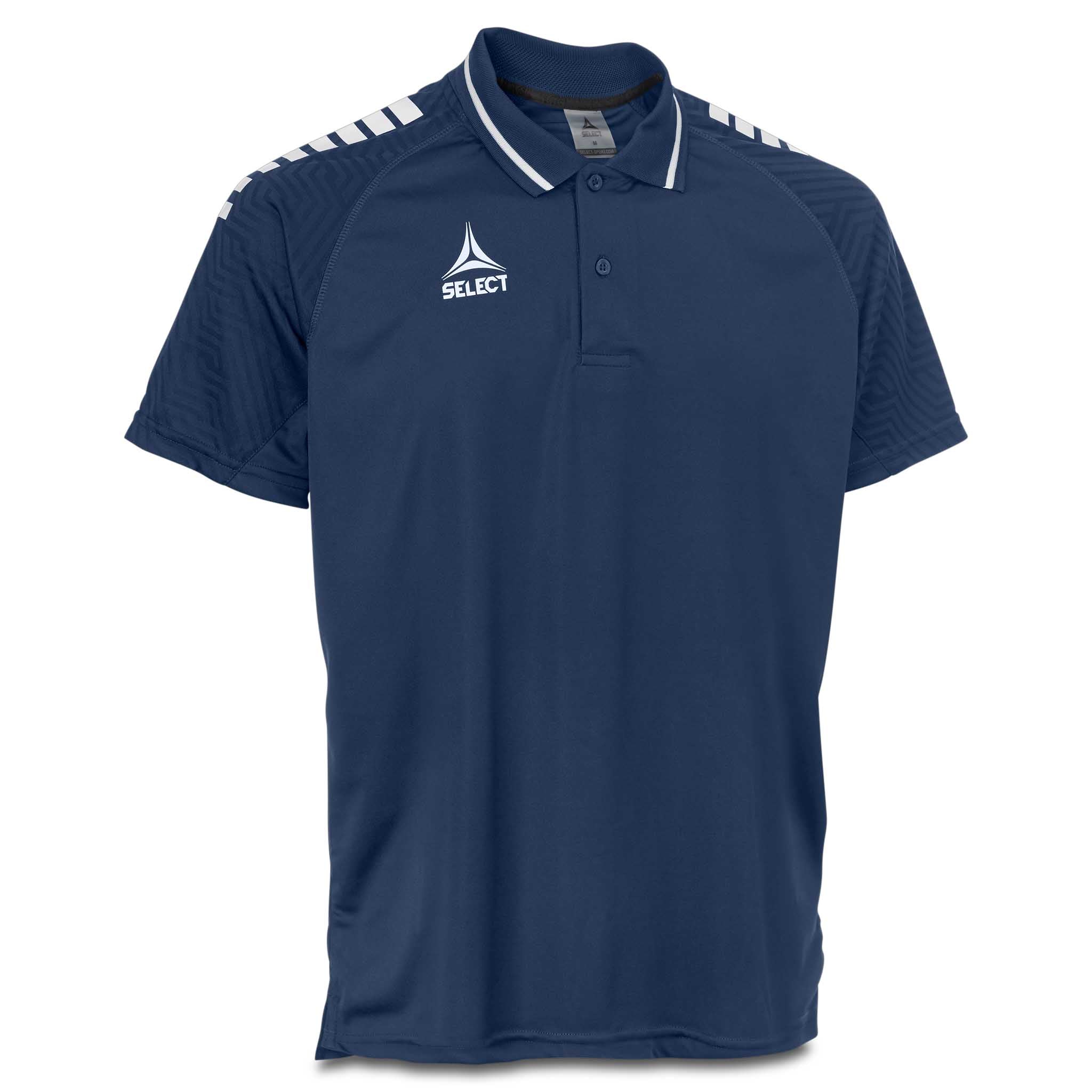 Forfra marineblå og hvit Technical Polo Monaco v24 fritidsklær med hvit krage og logo.