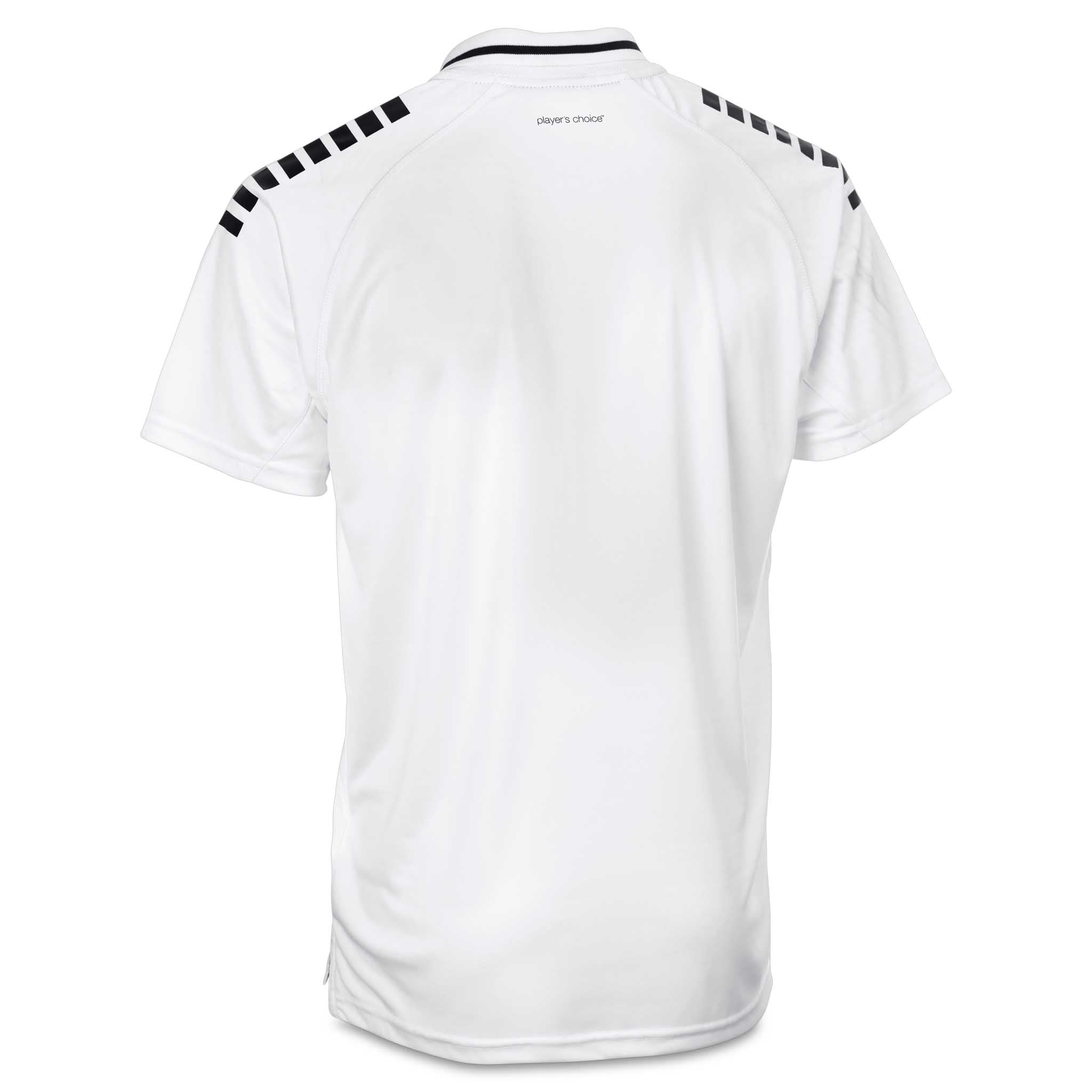 Technical Polo Monaco v24 fritidsklær, hvit med svarte skulderdetaljer, bakside, fotball.