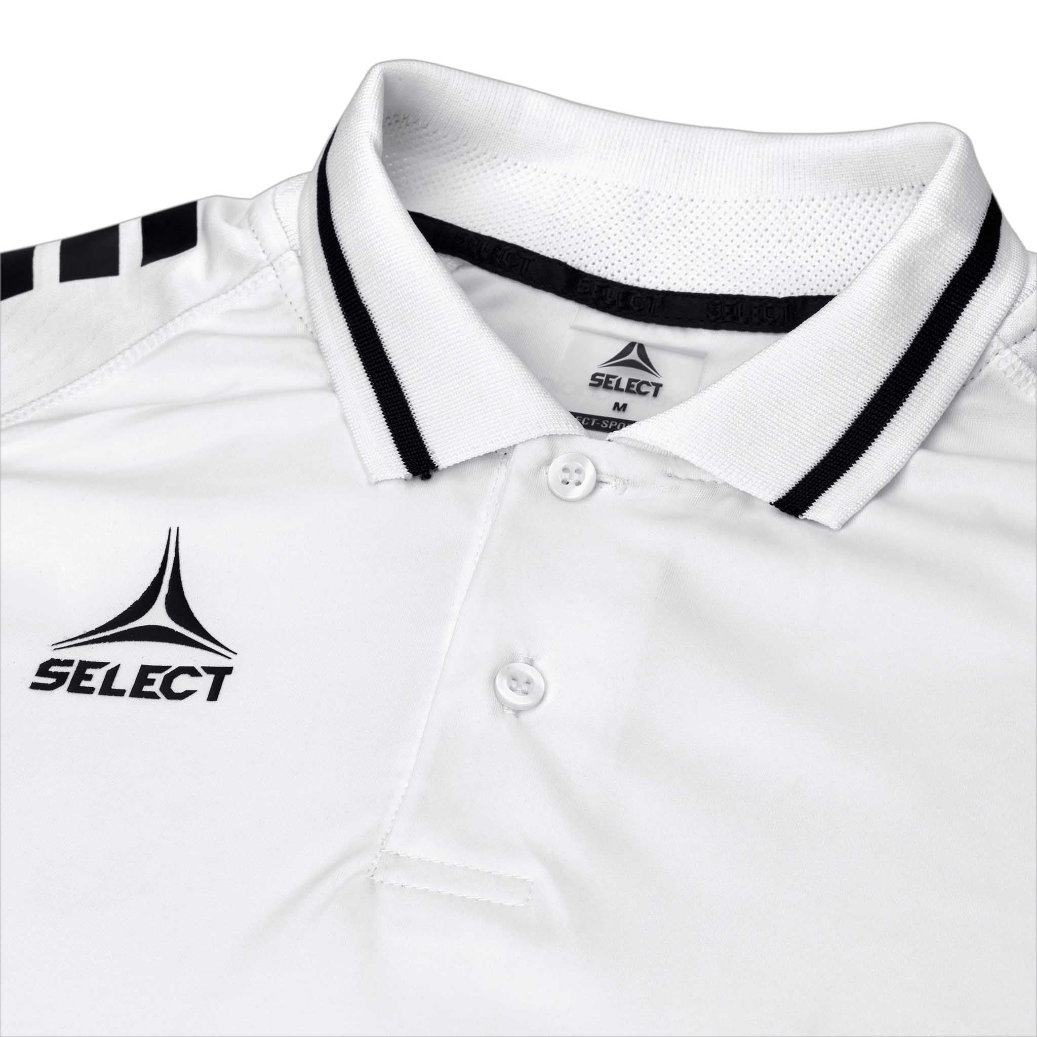 Nærbilde av hvit Technical Polo Monaco v24 fritidsklær med svart kragekant og Select-logo.