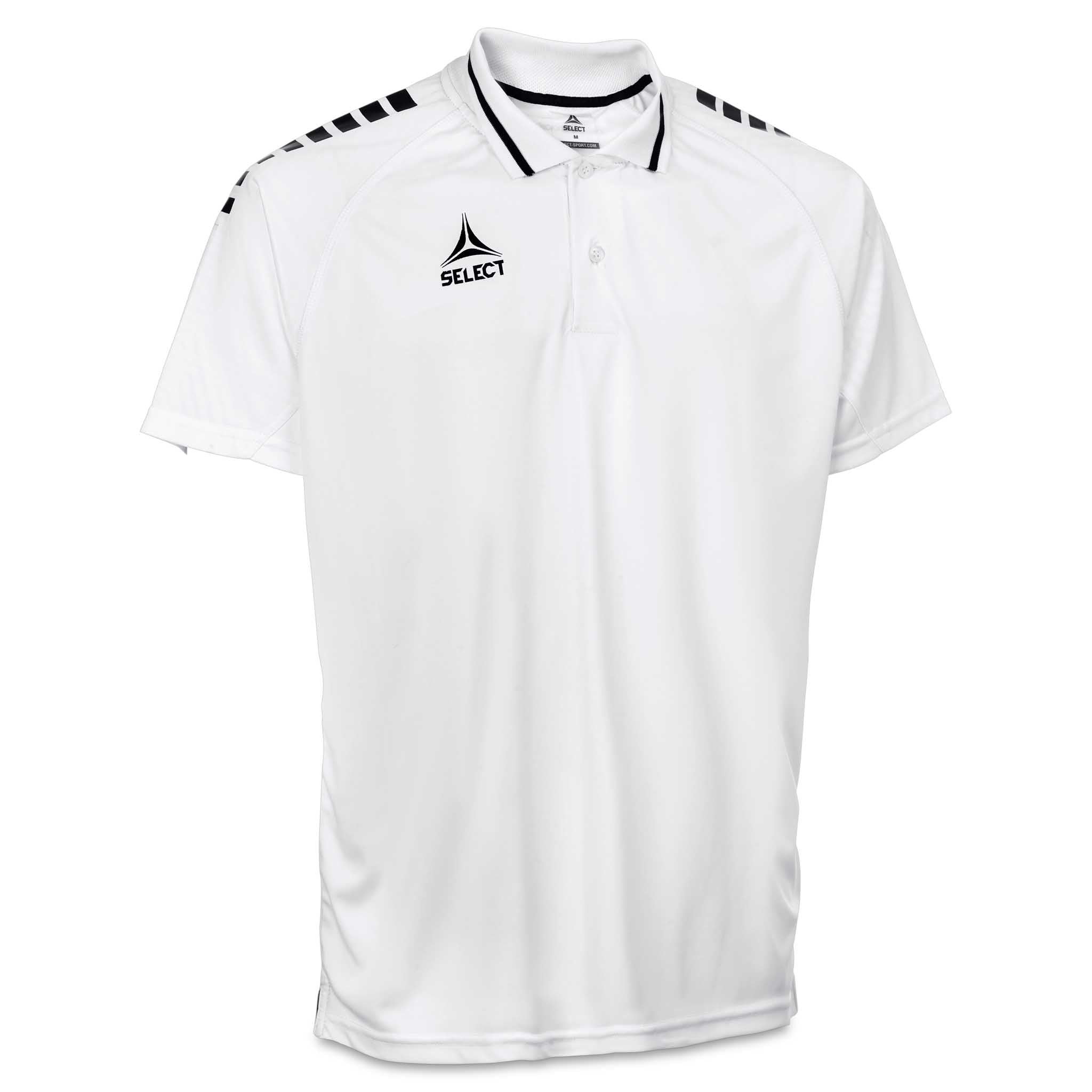 Hvit Technical Polo Monaco v24 fritidsklær med sorte skulderdetaljer, sett forfra.