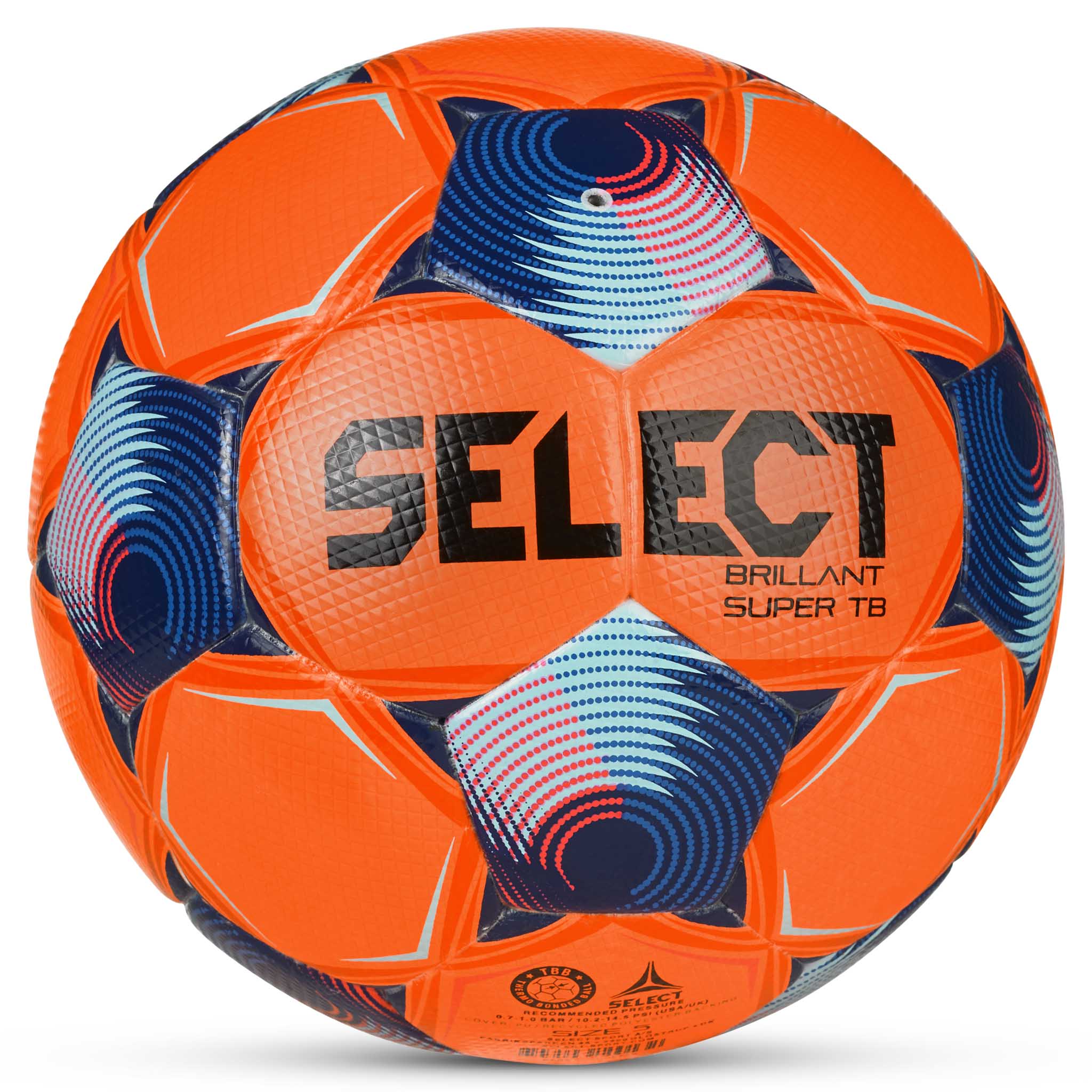 FB Brillant Super TB v25 fotball, bakside, oransje med blå og rosa paneler.