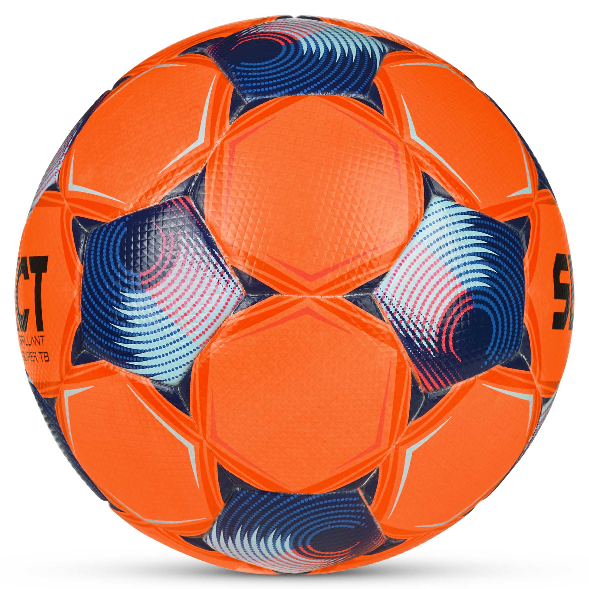 FB Brillant Super TB v25 fotball i oransje med blå og rosa panelaksenter, sett fra høyre side.