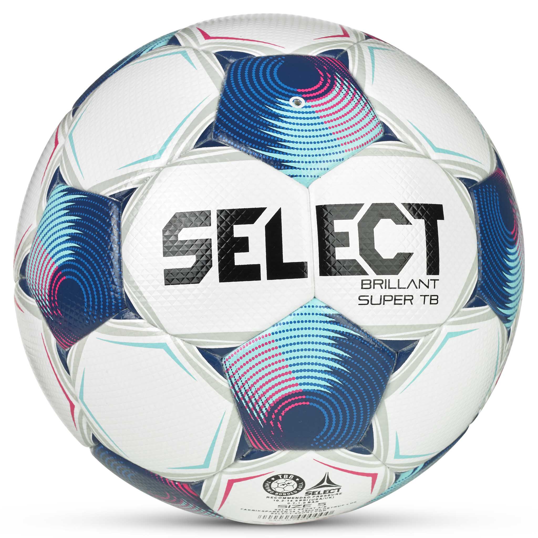 Bakside av FB Brillant Super TB v25 fotball i hvit med blå, rosa og sorte detaljer.
