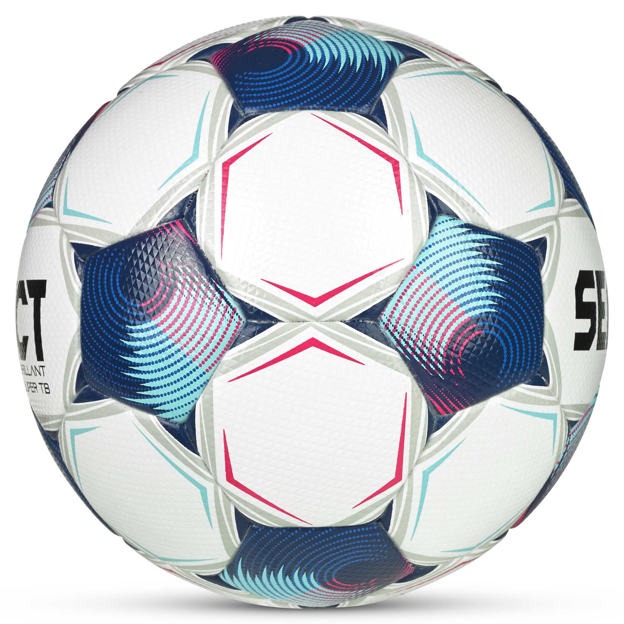 Høyre side av FB Brillant Super TB v25 fotball i hvit med blå, rosa og turkise paneldetaljer.