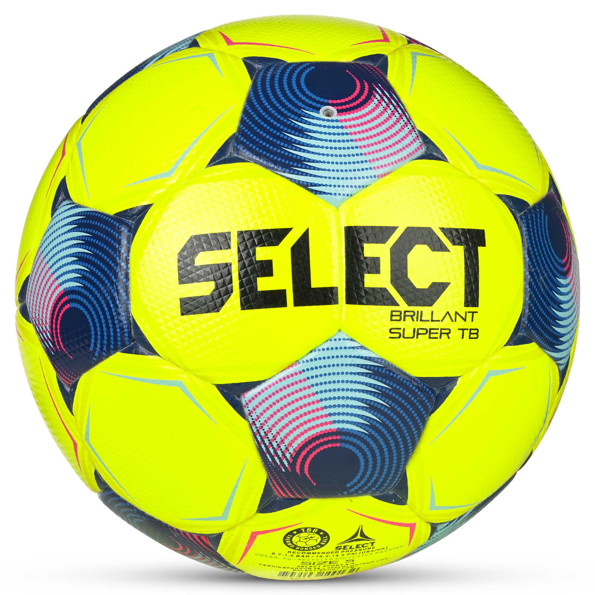 Bakside av FB Brillant Super TB v25 fotball i gult med blå og rosa detaljer.