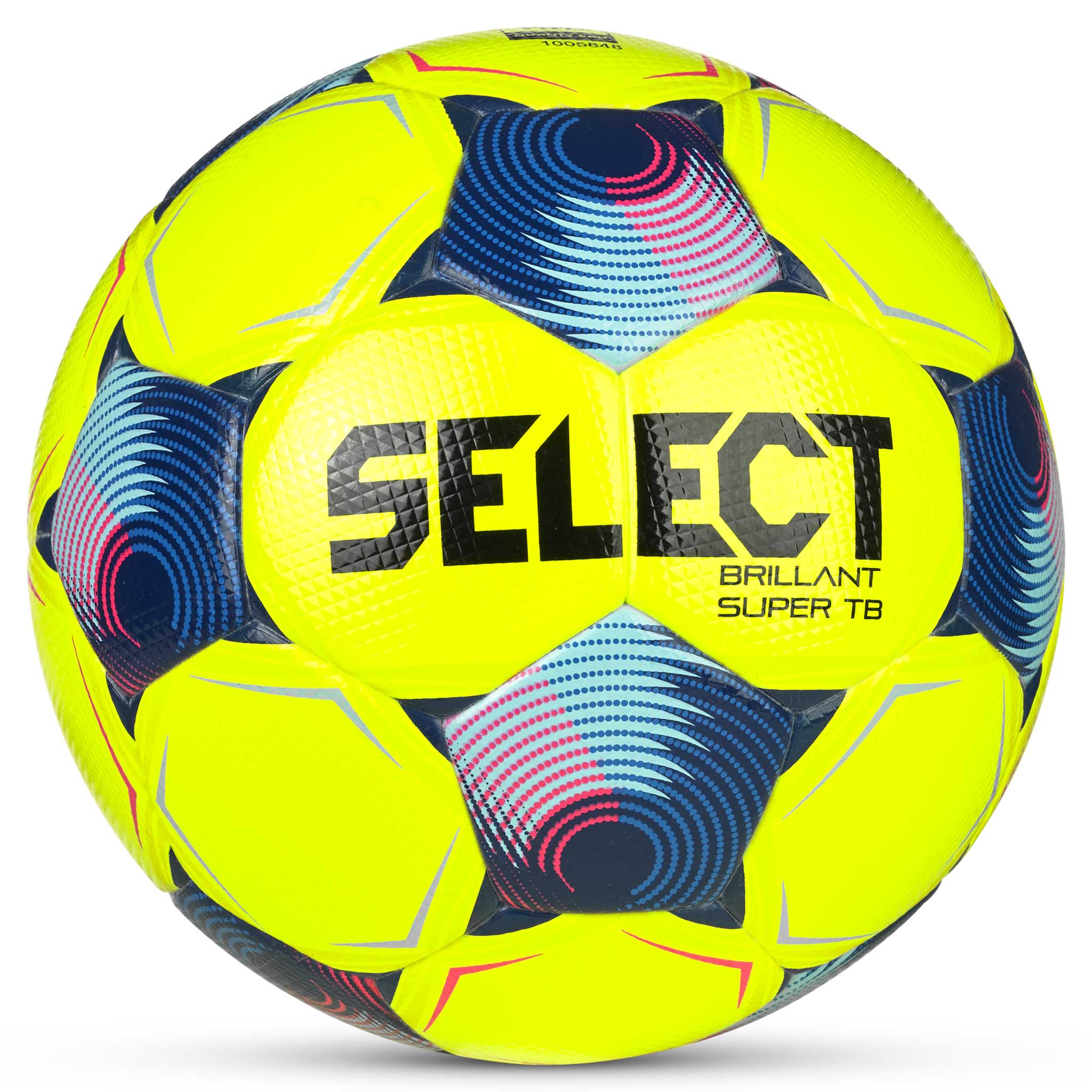 Forside av FB Brillant Super TB v25 fotball i gult med blå, rosa og sorte detaljer.