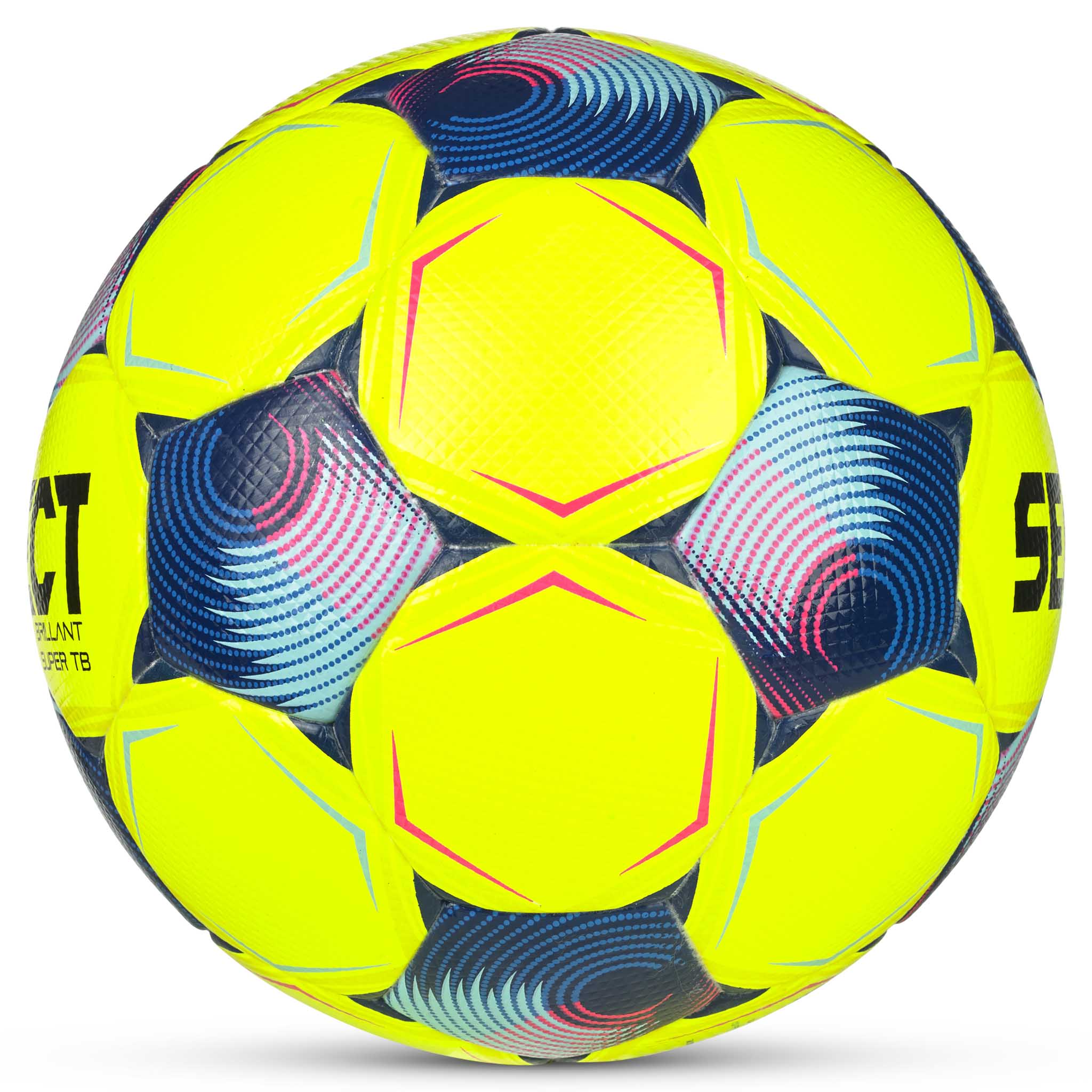 Høyre side av FB Brillant Super TB v25 fotball i gult med blå, rosa og hvite stjernemønster-detaljer.