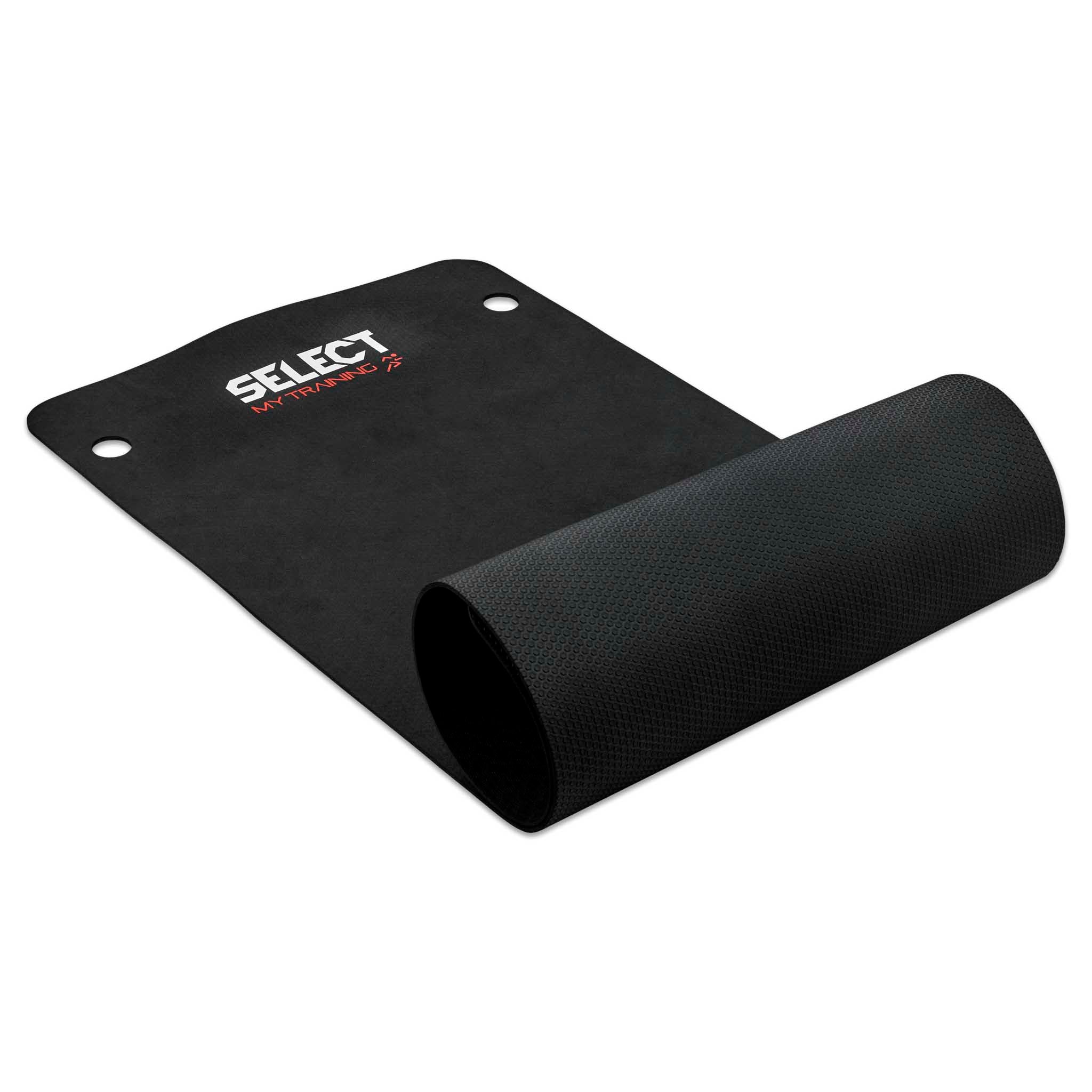 Sort Select Trainingmat, delvist rullet sammen, vist forfra med hvidt logo.