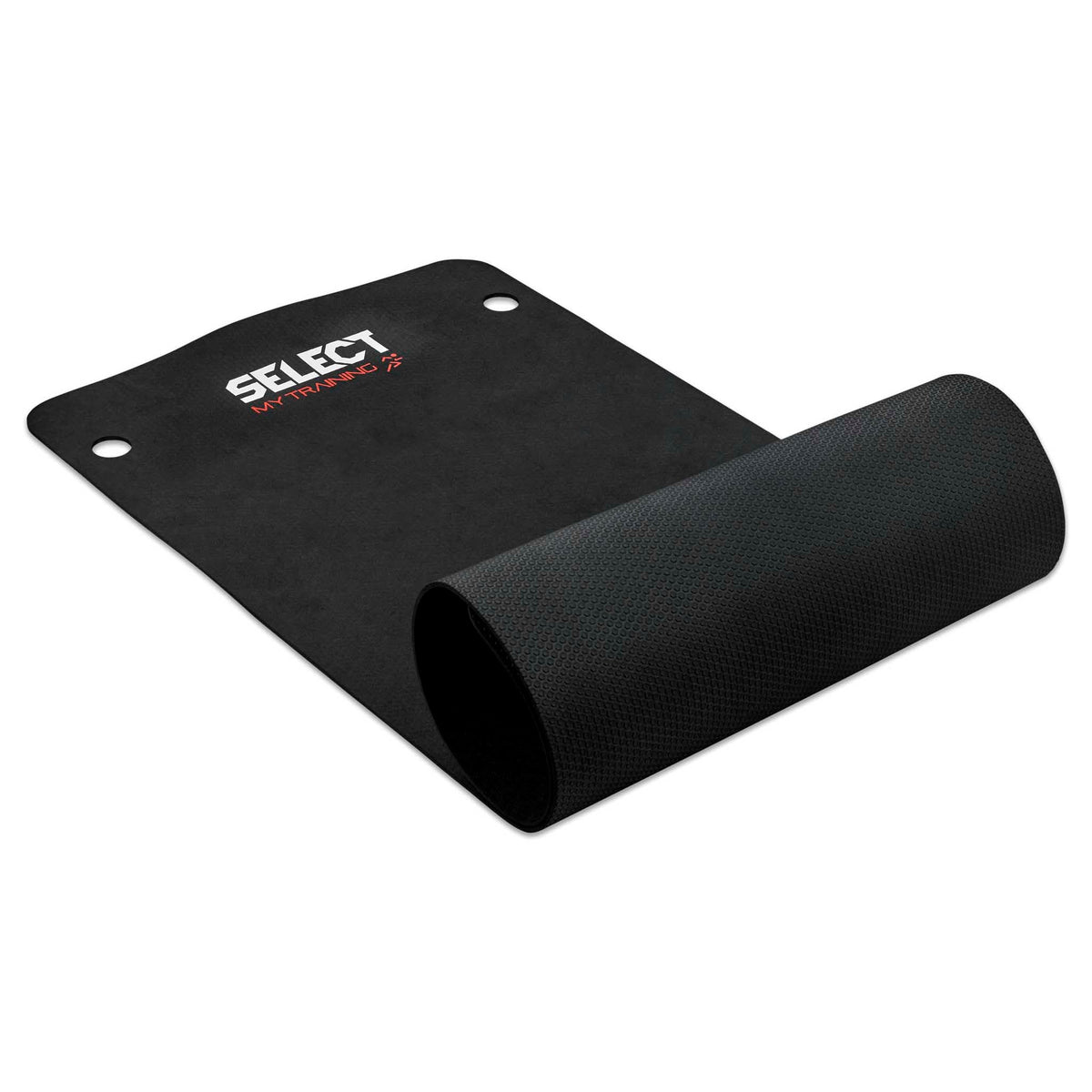 Svart Select Trainingmat, delvis rullet sammen, vist forfra med hvit logo.