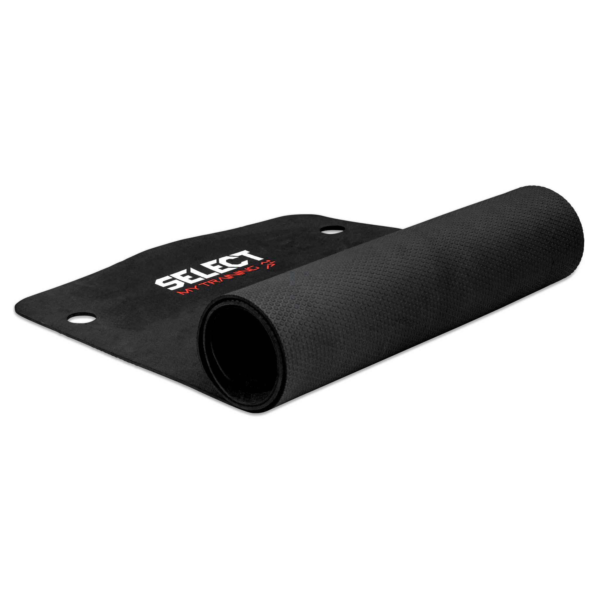 Sort Select Trainingmat delvist rullet sammen med struktureret overflade og hvidt logo, forsidevisning.