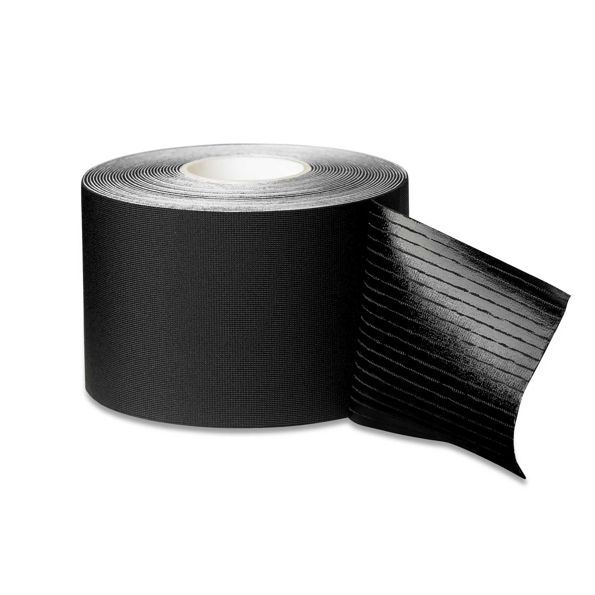 Forside av svart Profcare D sportspleietape i rull med hvit kjerne, delvis rullet ut.