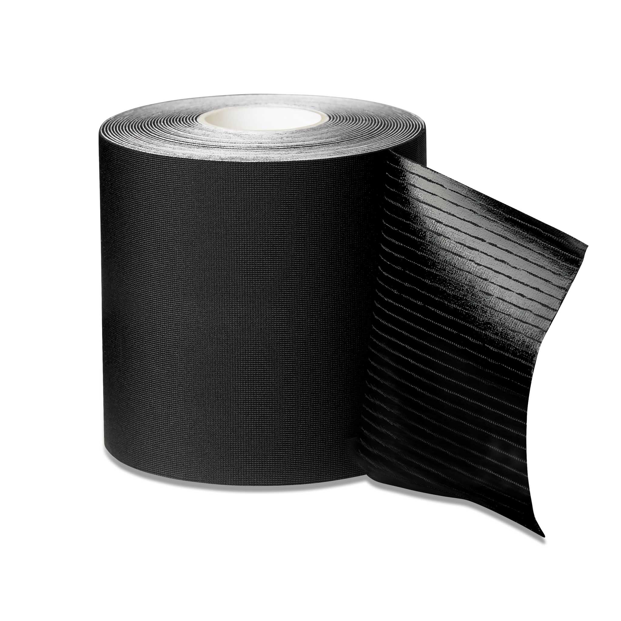 Forside av Profcare D sportspleietape i svart, rull delvis viklet ut med strukturert limflate.