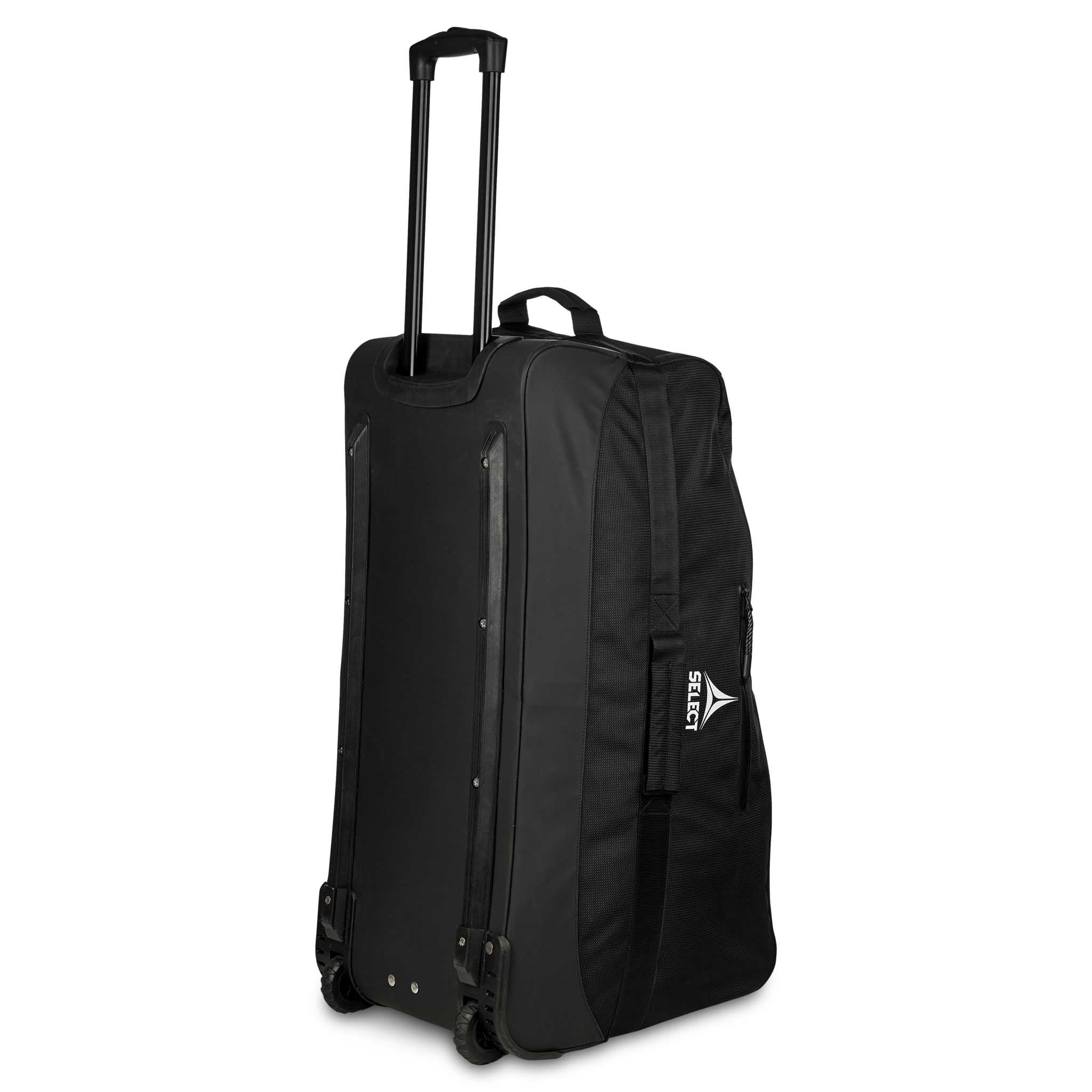 Svart Teambag Trolley v25 sportsbag, sett fra baksiden med uttrukket håndtak og hjul.