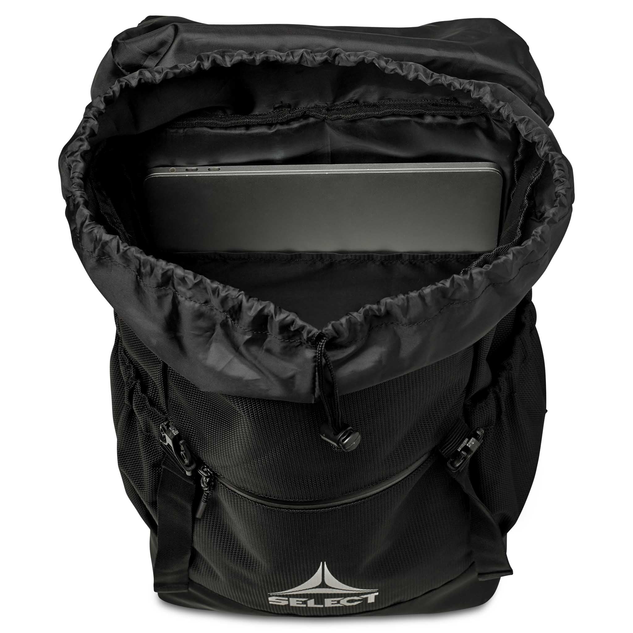Svart Backpack v25 sportsbag, nærbilde av åpen topp med polstret laptoprom inni.