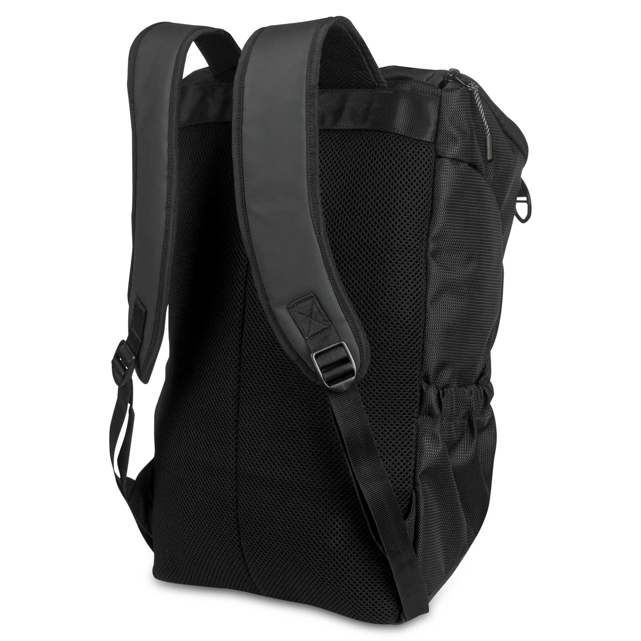 Bakside av sort Backpack Net v25 sportsbag med polstrede stropper og meshrygg til fotball.