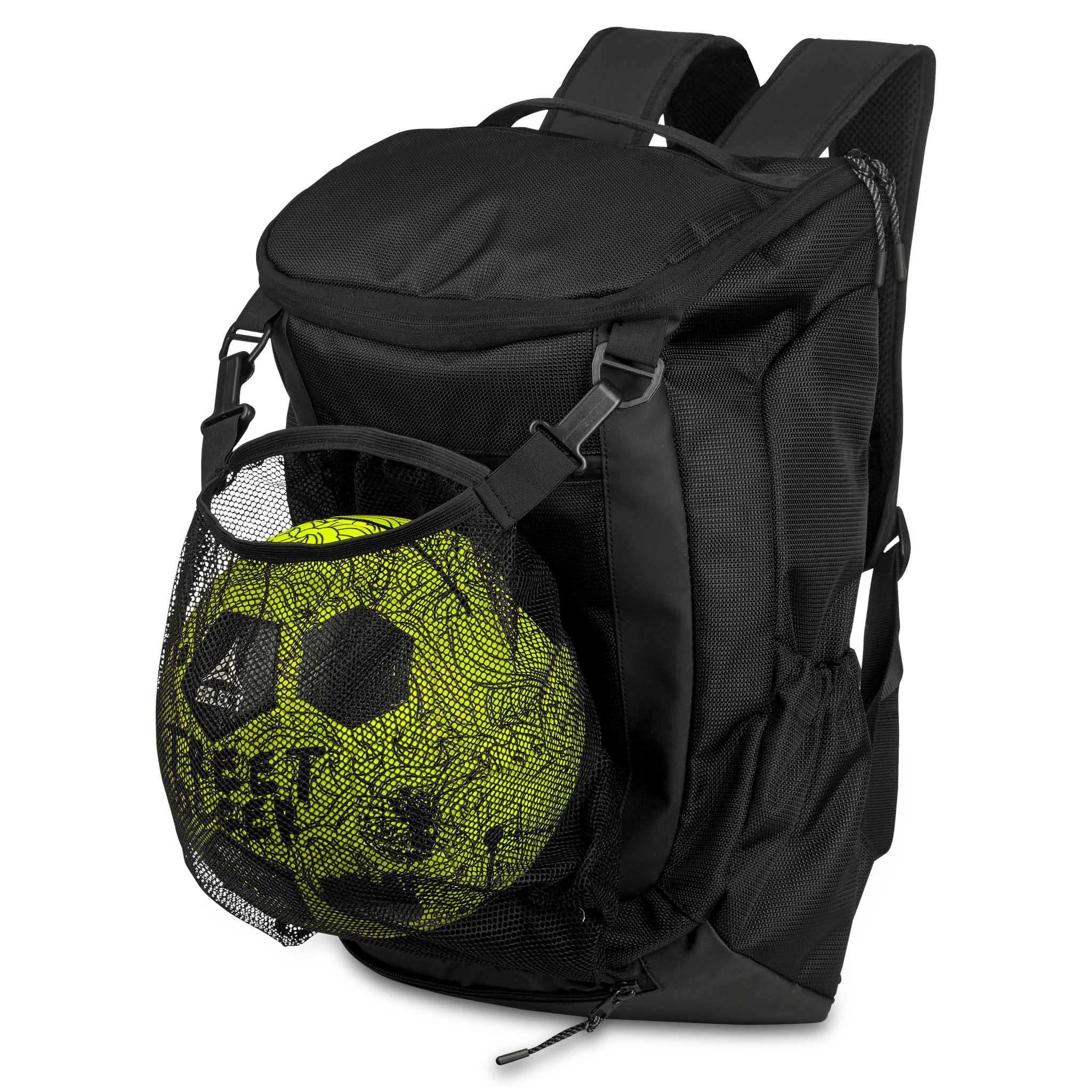 Forfra-bilde av sort Backpack Net v25 sportsbag med nettlomme som holder en gul og sort fotball.