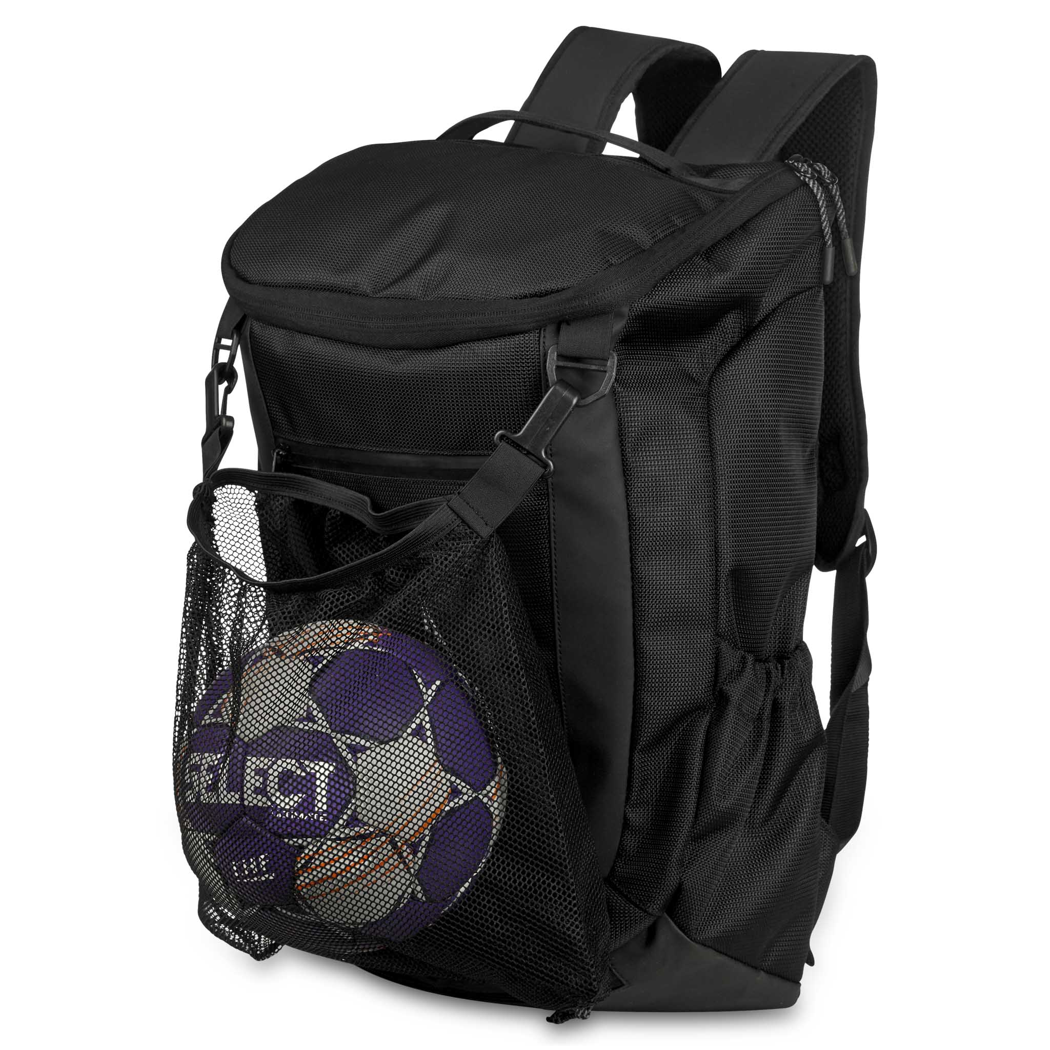 Svart Backpack Net v25 fotball sportsbag, sett forfra med netsidelomme og lilla ball.