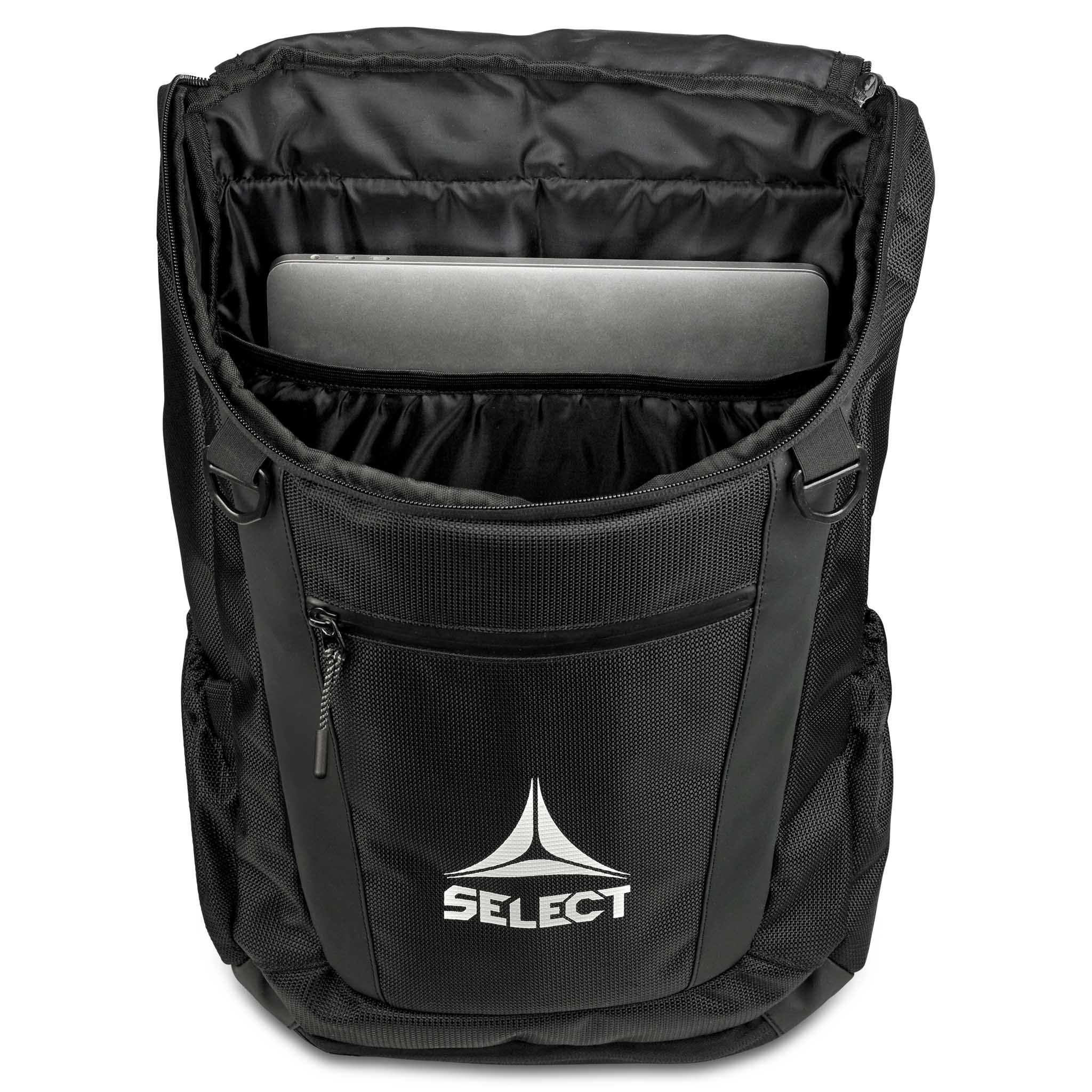 Sort Backpack Net v25 fotball sportsbag, åpen sett ovenfra med polstret laptoprom og hvit Select-logo.