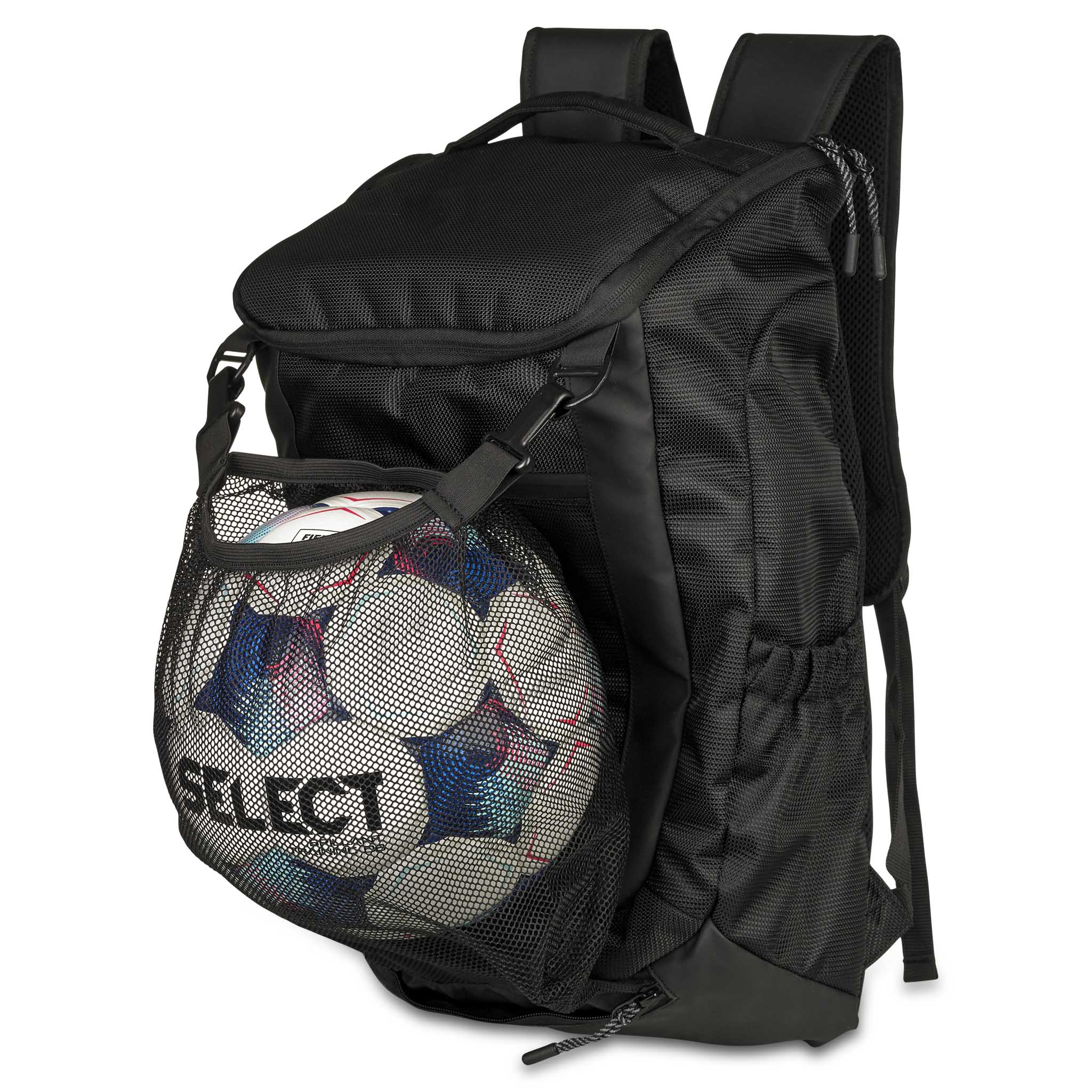 Forfra av sort Backpack Net v25 sportsbag med fotball i nettrom.