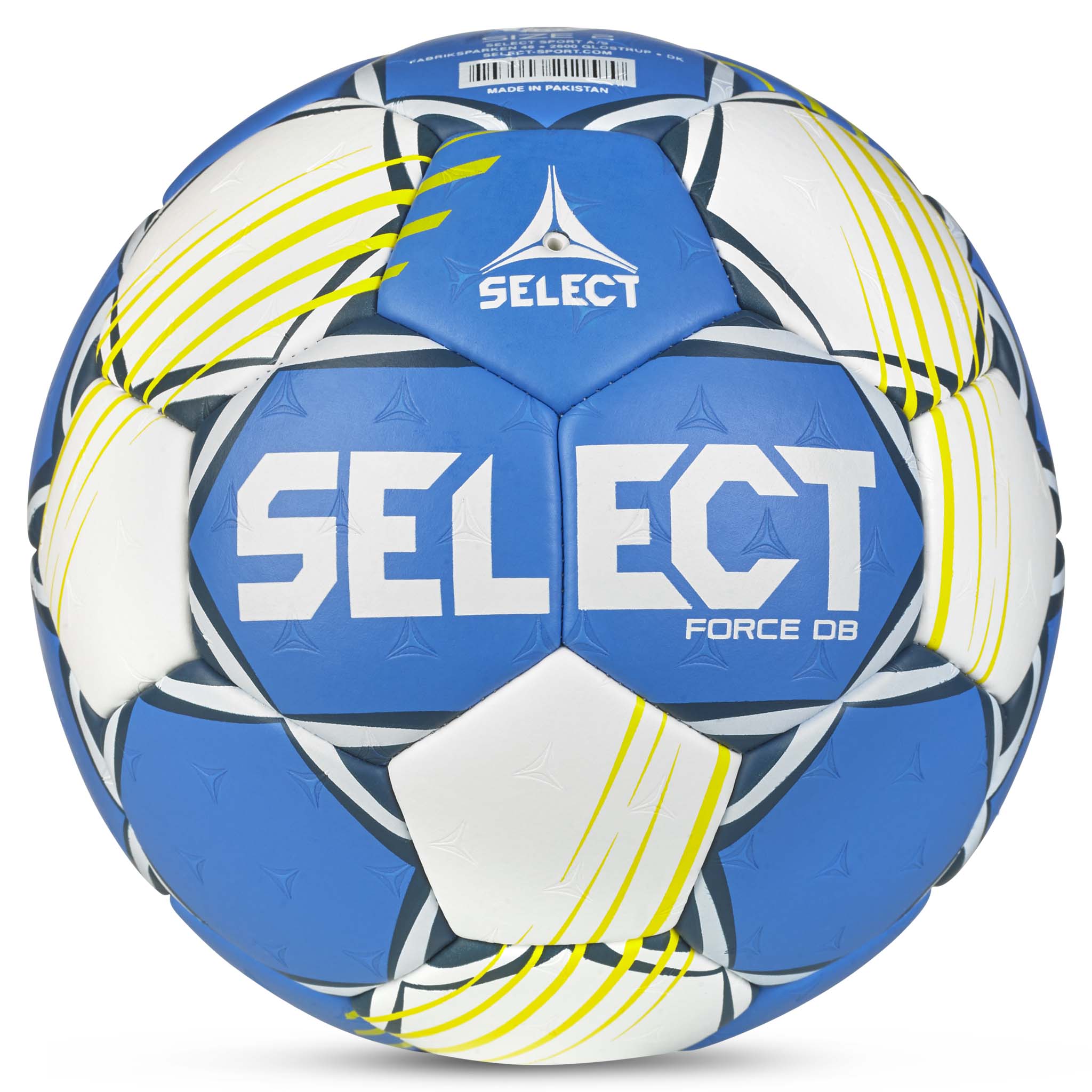 Force DB v25 håndball, bakside, i blått, hvitt og gult.