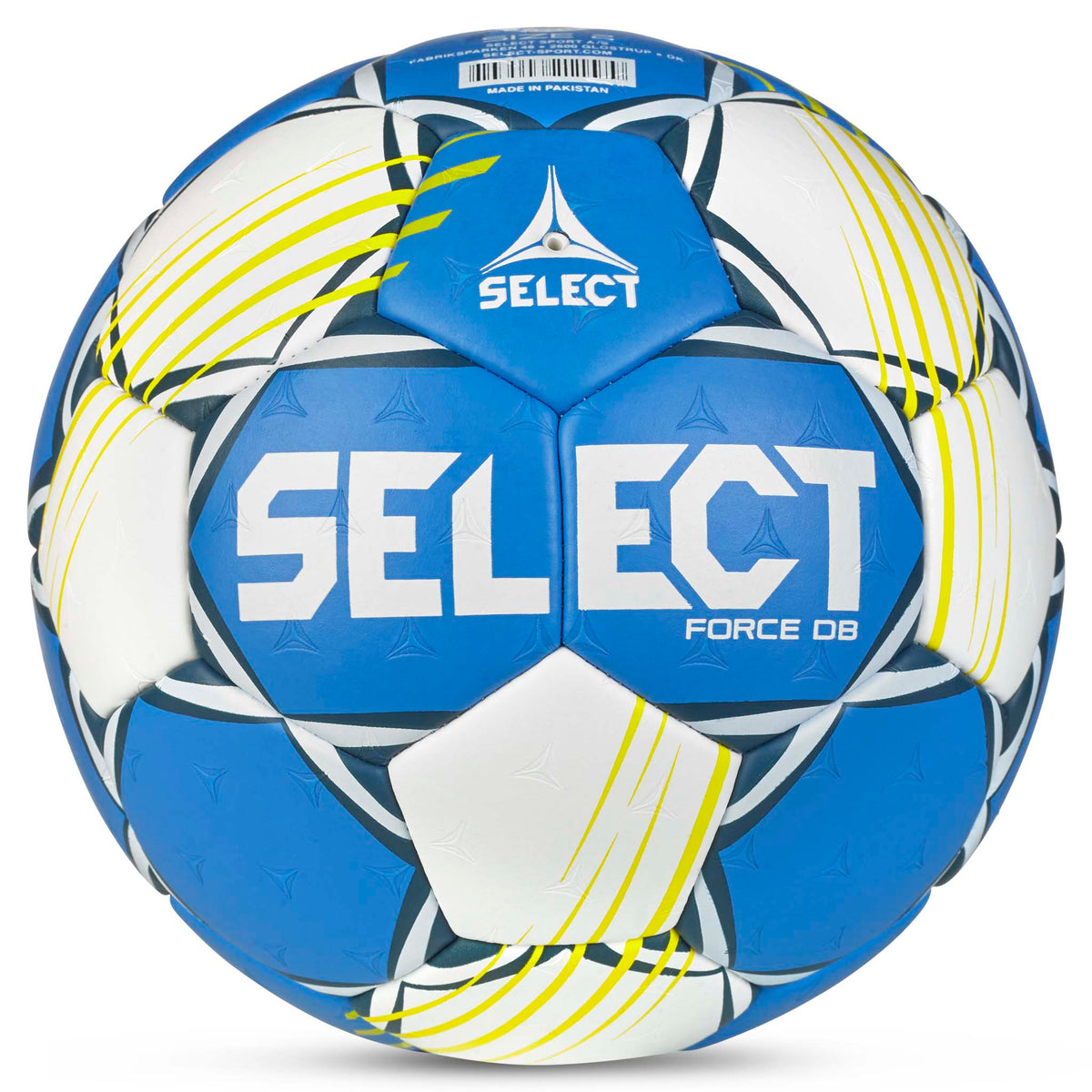 Force DB v25 håndball, bakside, i blått, hvitt og gult.