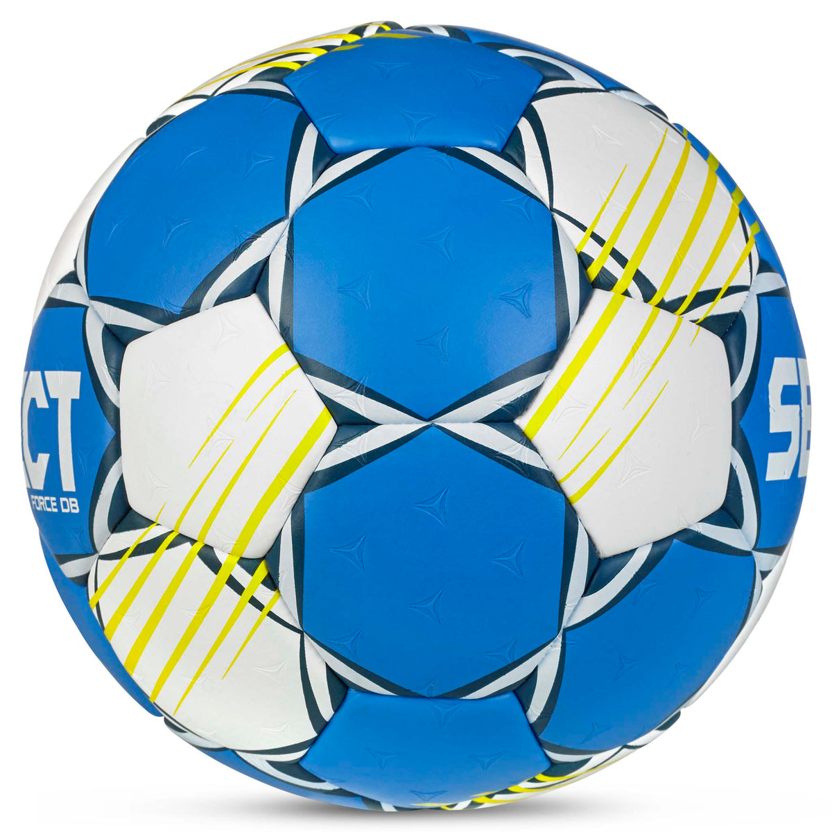 Force DB v25 håndball, sett fra høyre side, i blått og hvitt med gule detaljer.