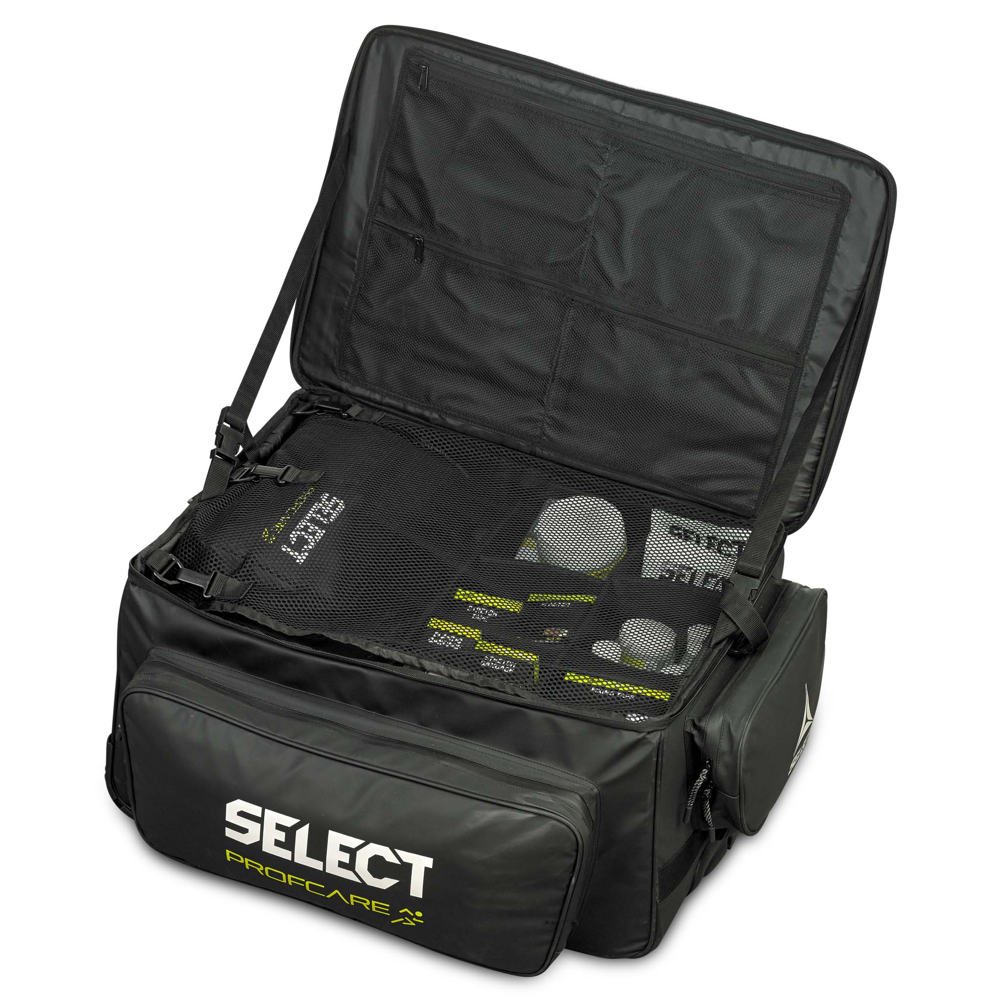 Nærbilde av svart Medicalbag trolley v25 Sports care, åpen med synlige rom og medisinsk utstyr.