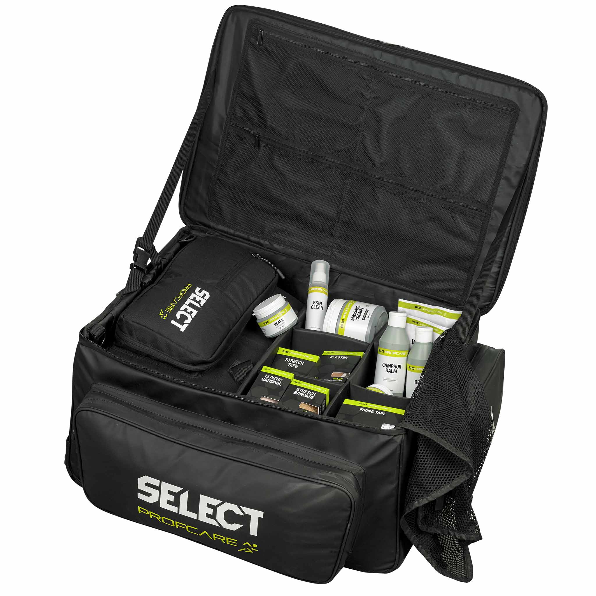 Nærbilde av sort Medicalbag trolley v25 Sports care, åpen med fotball medisinsk utstyr inni.
