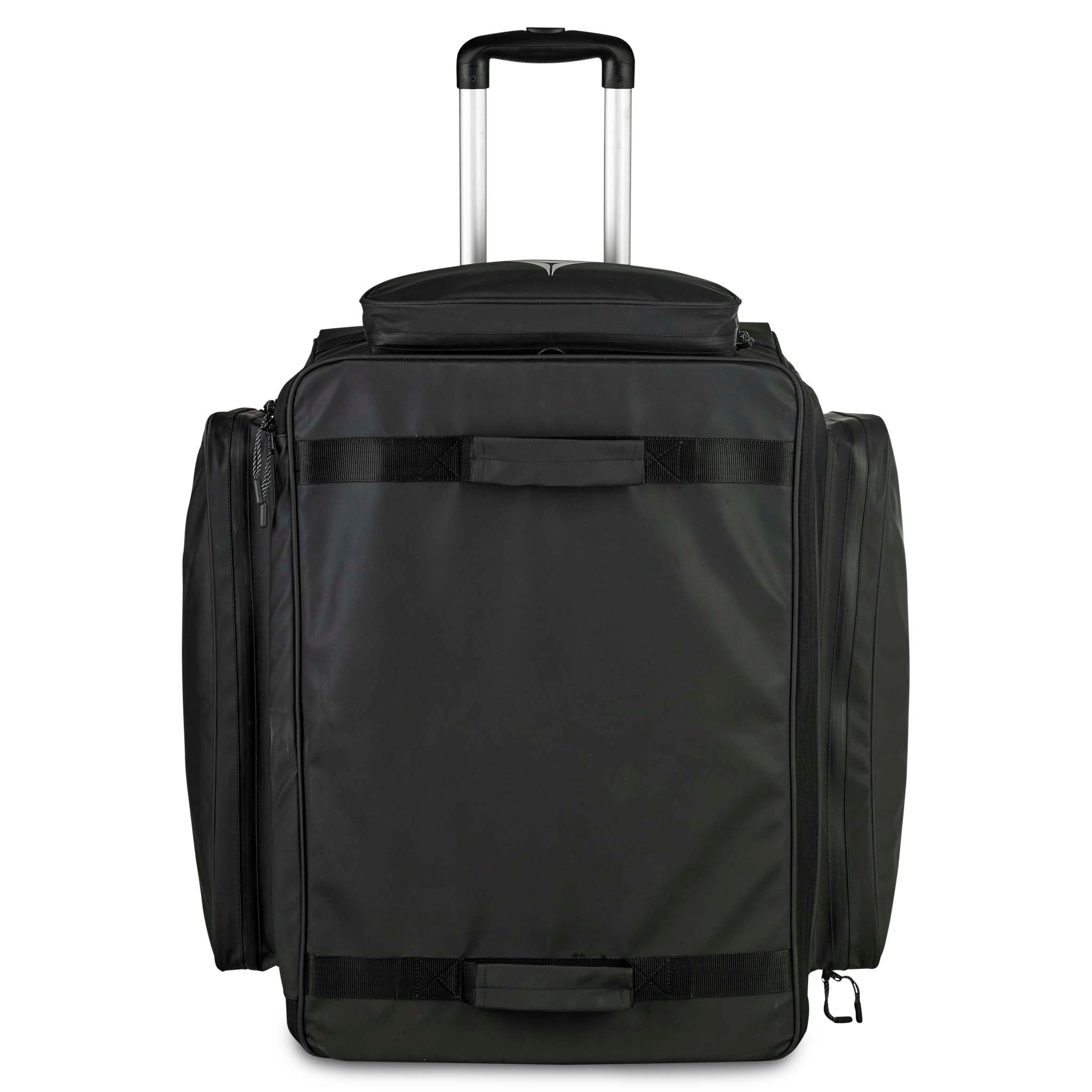 Svart Medicalbag trolley v25, sports care, sett forfra med håndtak og sidelommer