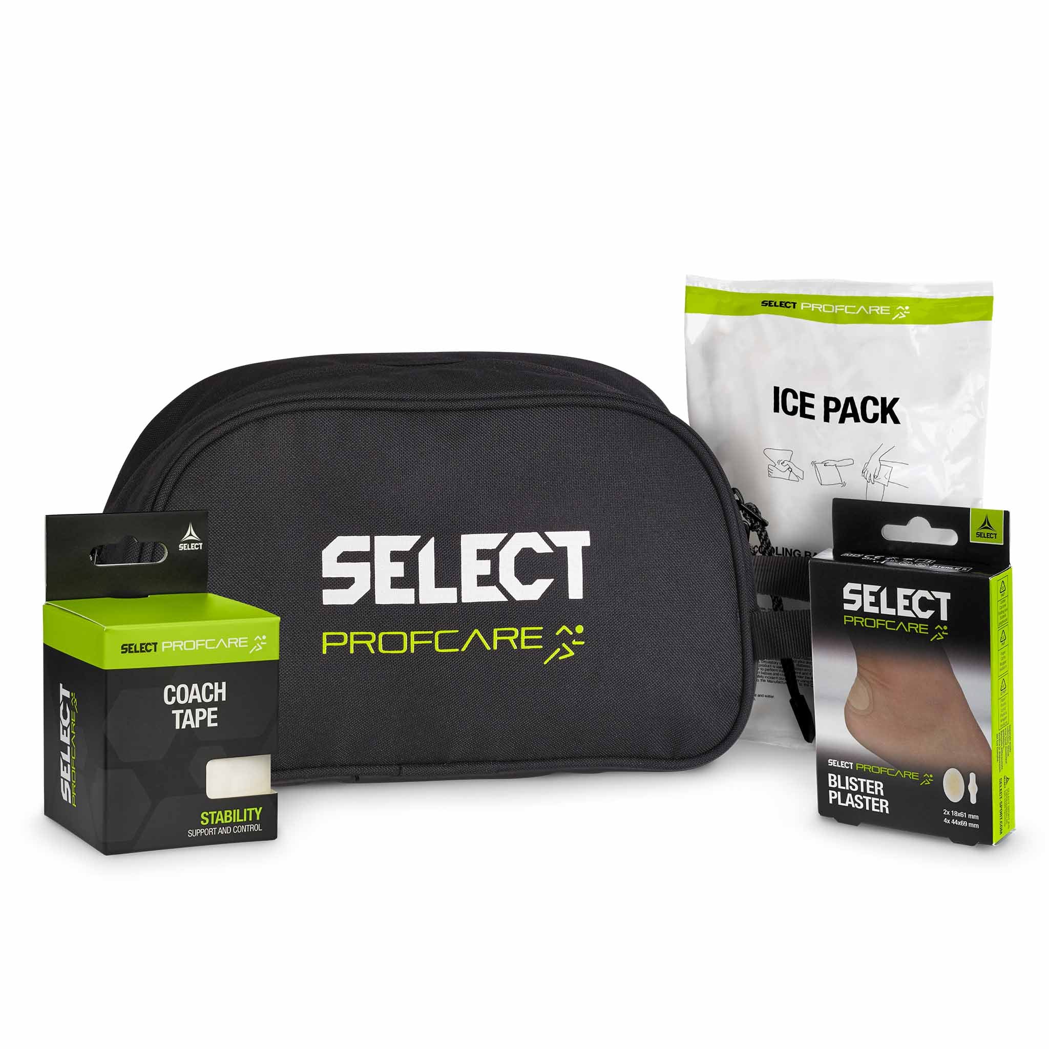 Forside av sort Medicalbag small w/content v25, sports care-sett med ispose, coach tape og blemmeplaster.