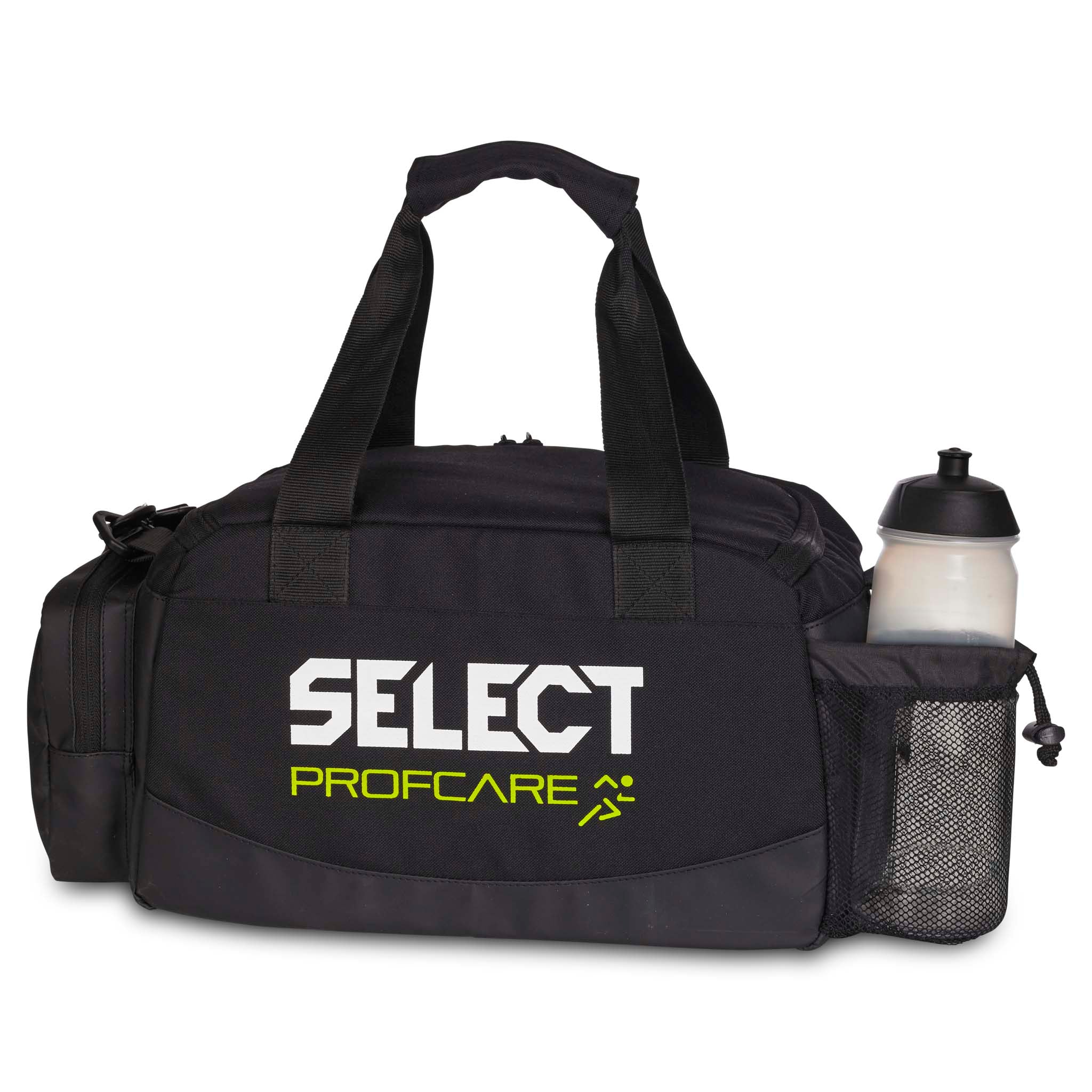 Svart Medicalbag medium v25 sports care-bag, bakside, med Select Profcare-logo og drikkeflaske i sidelomme av nett.