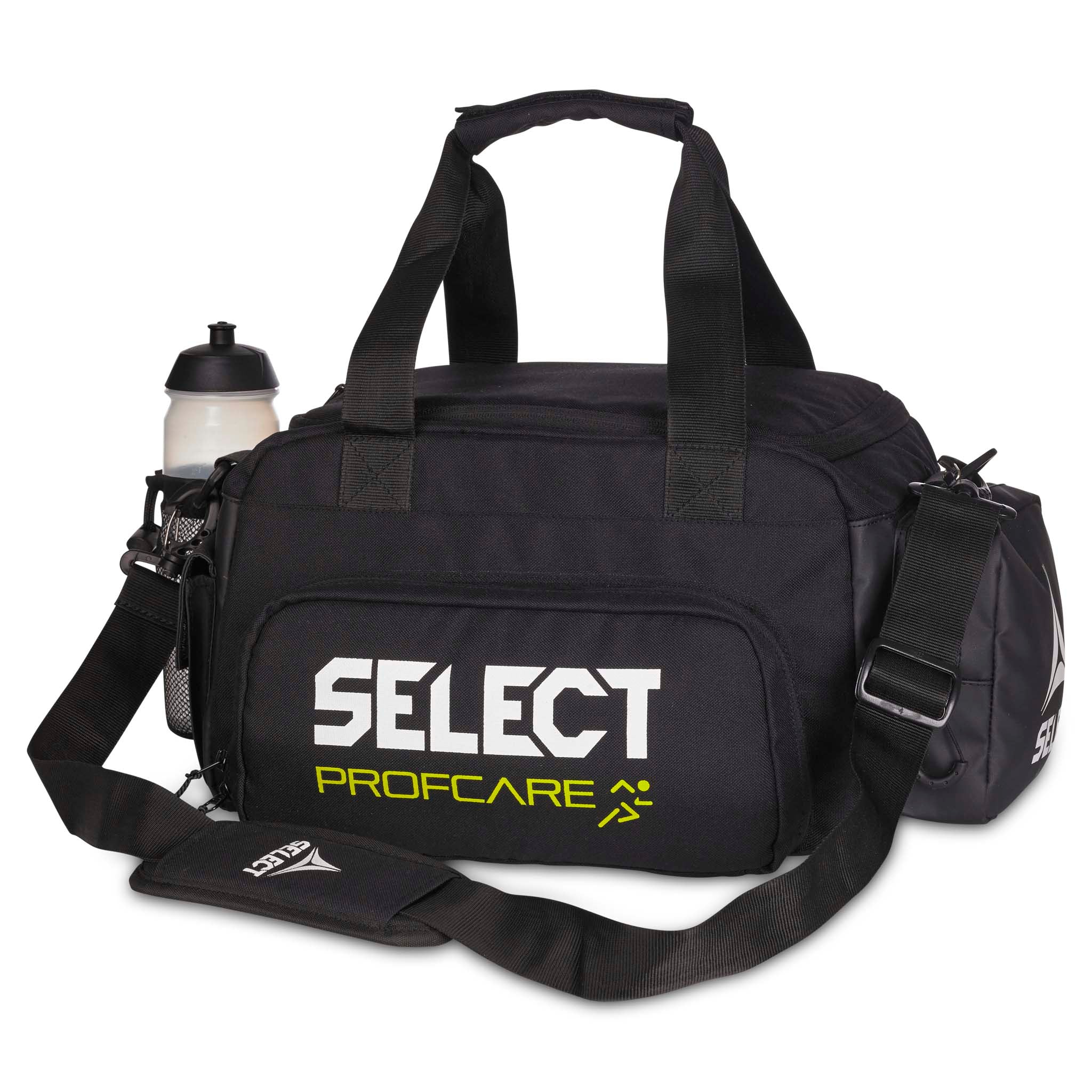 Svart Medicalbag medium v25 sports care-bag, sett forfra, med hvit SELECT-logo, drikkeflaske og skulderrem.