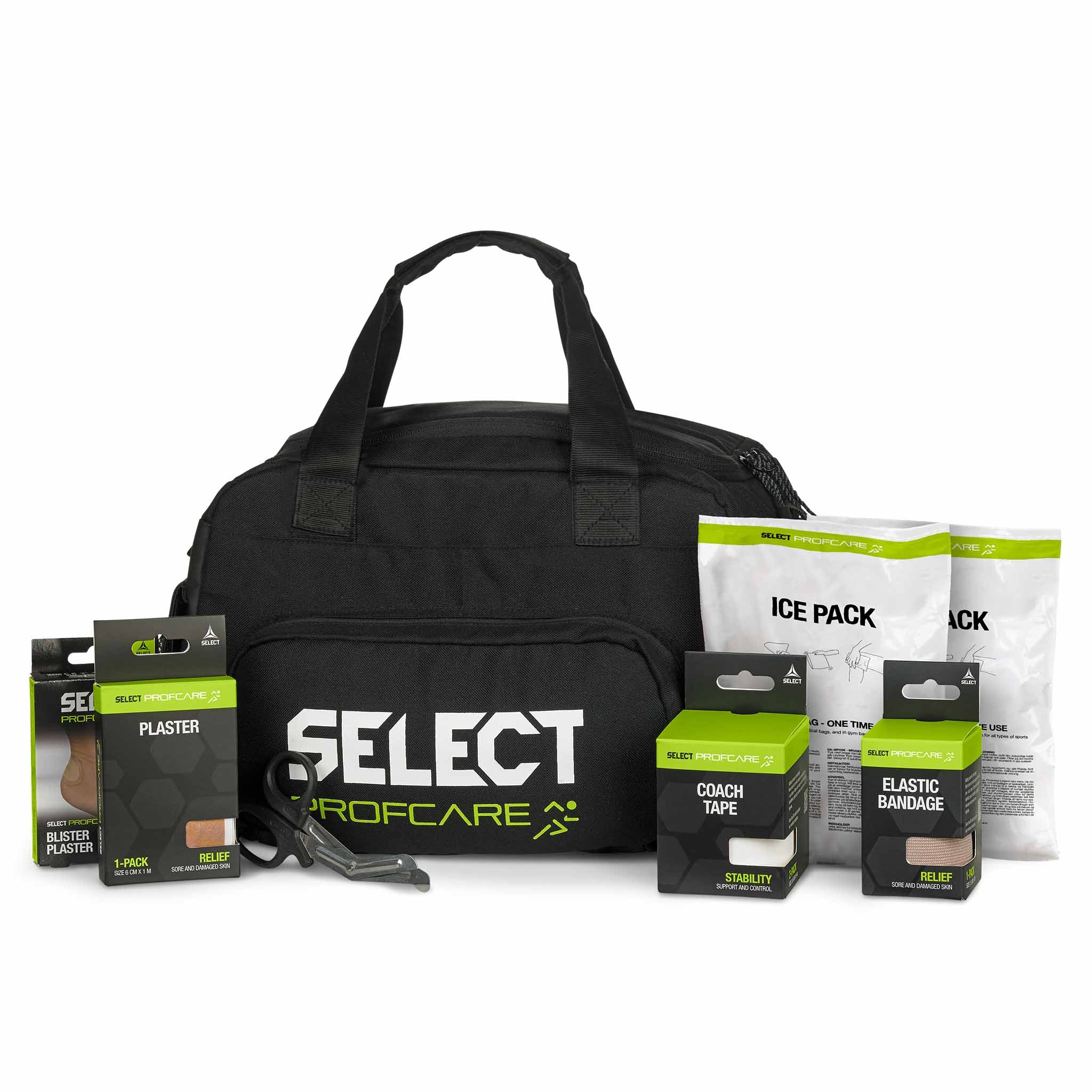 Forside: svart Medicalbag medium w/content v25, Sports care, med ispose, plaster, coach tape, elastisk bandasje
