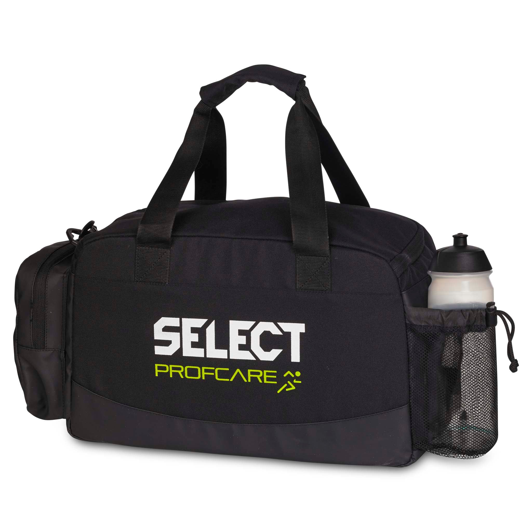 Svart Medicalbag large v25 sports care-bag, bakside, med hvit Select Profcare-logo og vannflaske i nettlomme.