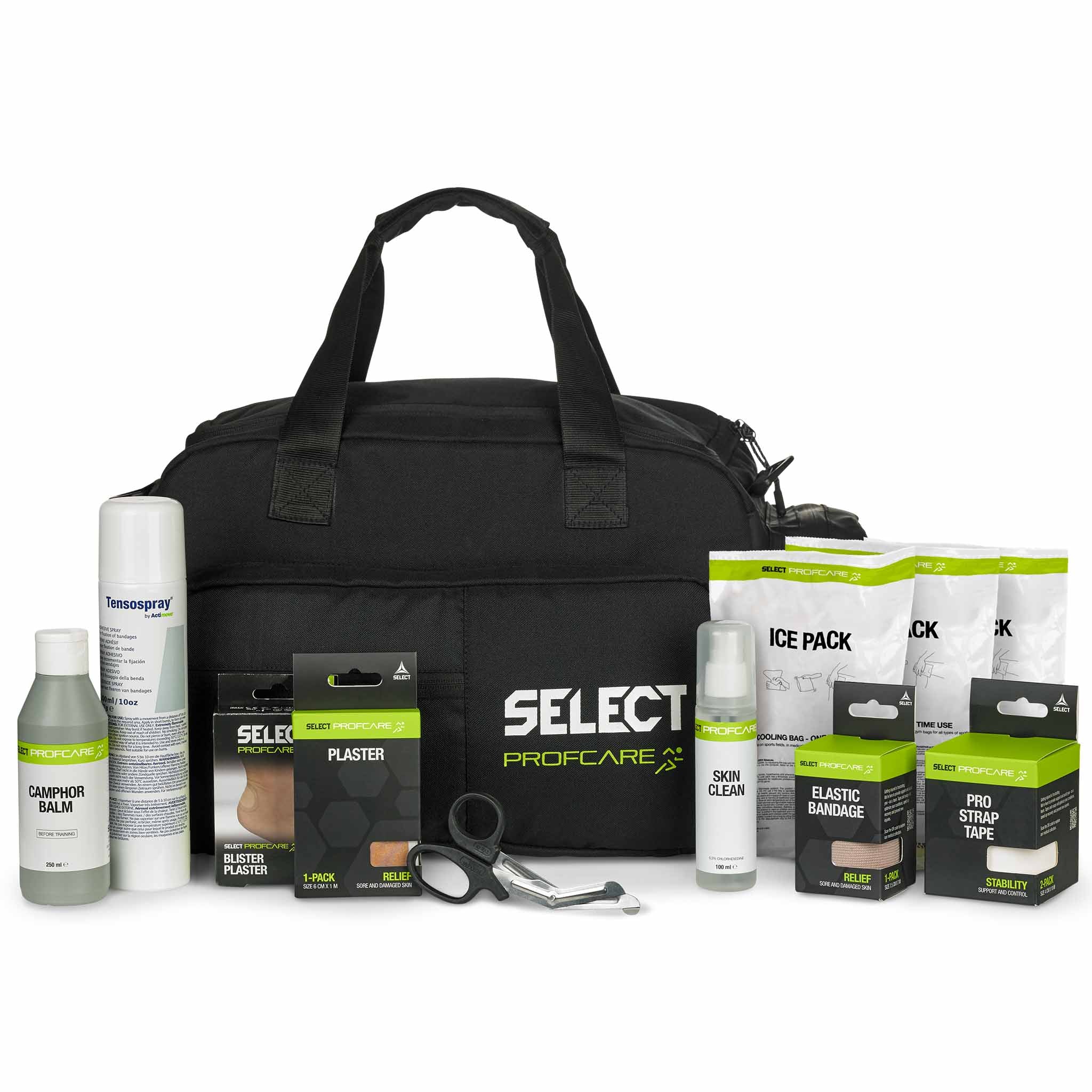 Svart Medicalbag large w/content v25 forside, sports care-sett med bandasjer, plaster, ispose, sprayer.