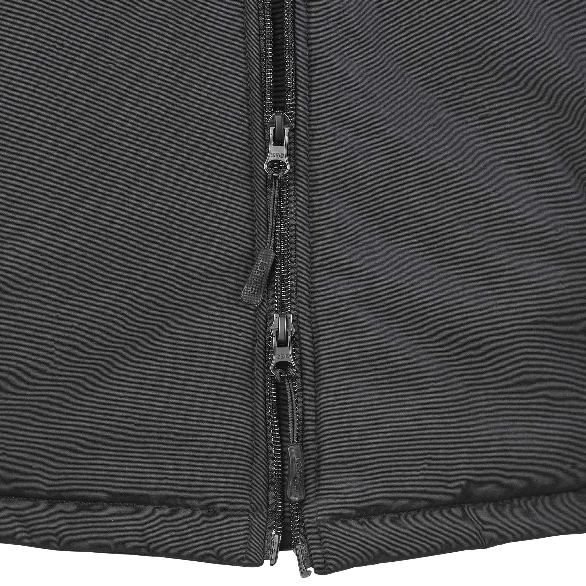 Nærbilde av sort Coach jacket Spain v25, Match & Training wear, viser dobbel glidelåsdetalj