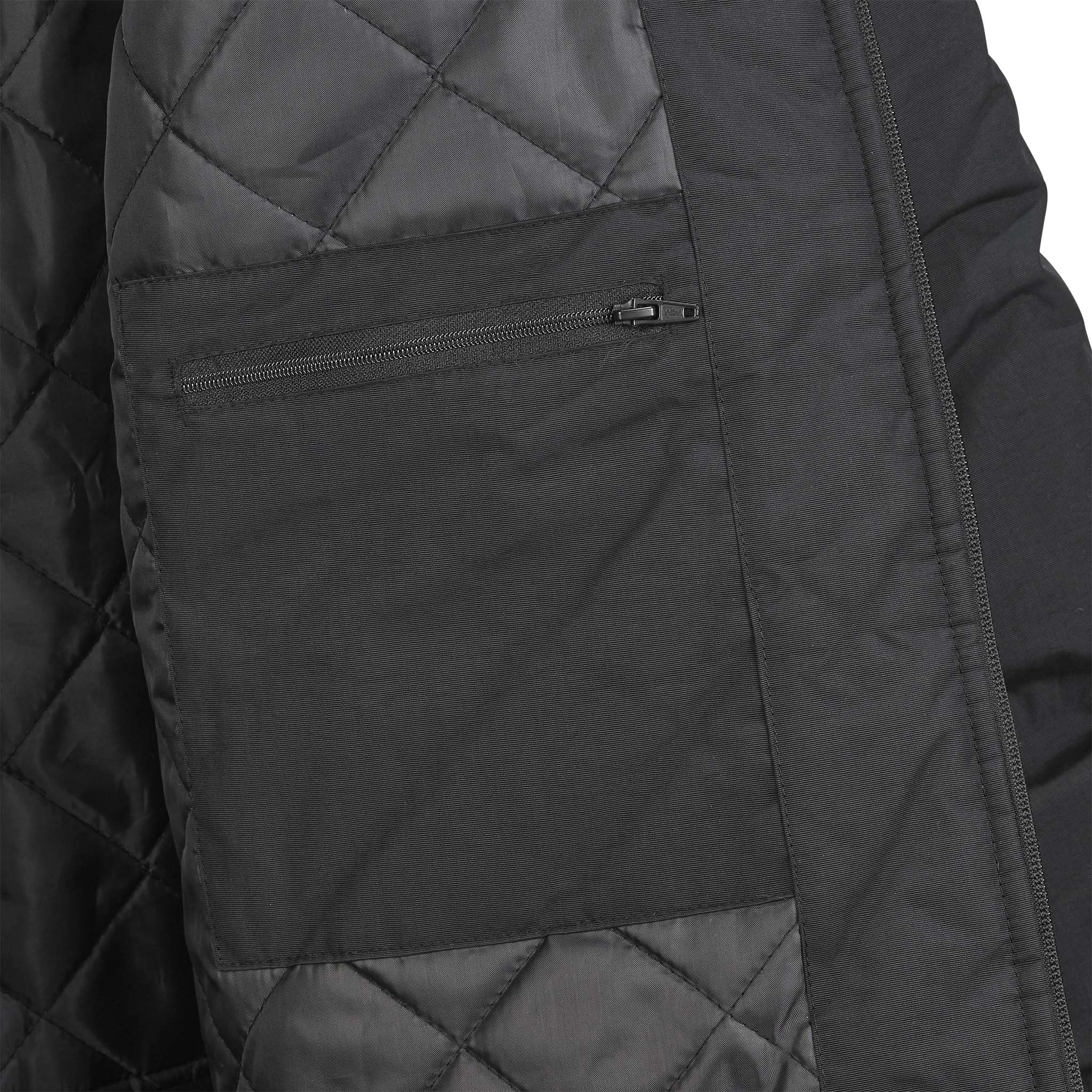 Nærbilde av sort Coach jacket Spain v25, Match & Training wear, med glidelåslomme og quiltet football-detalj