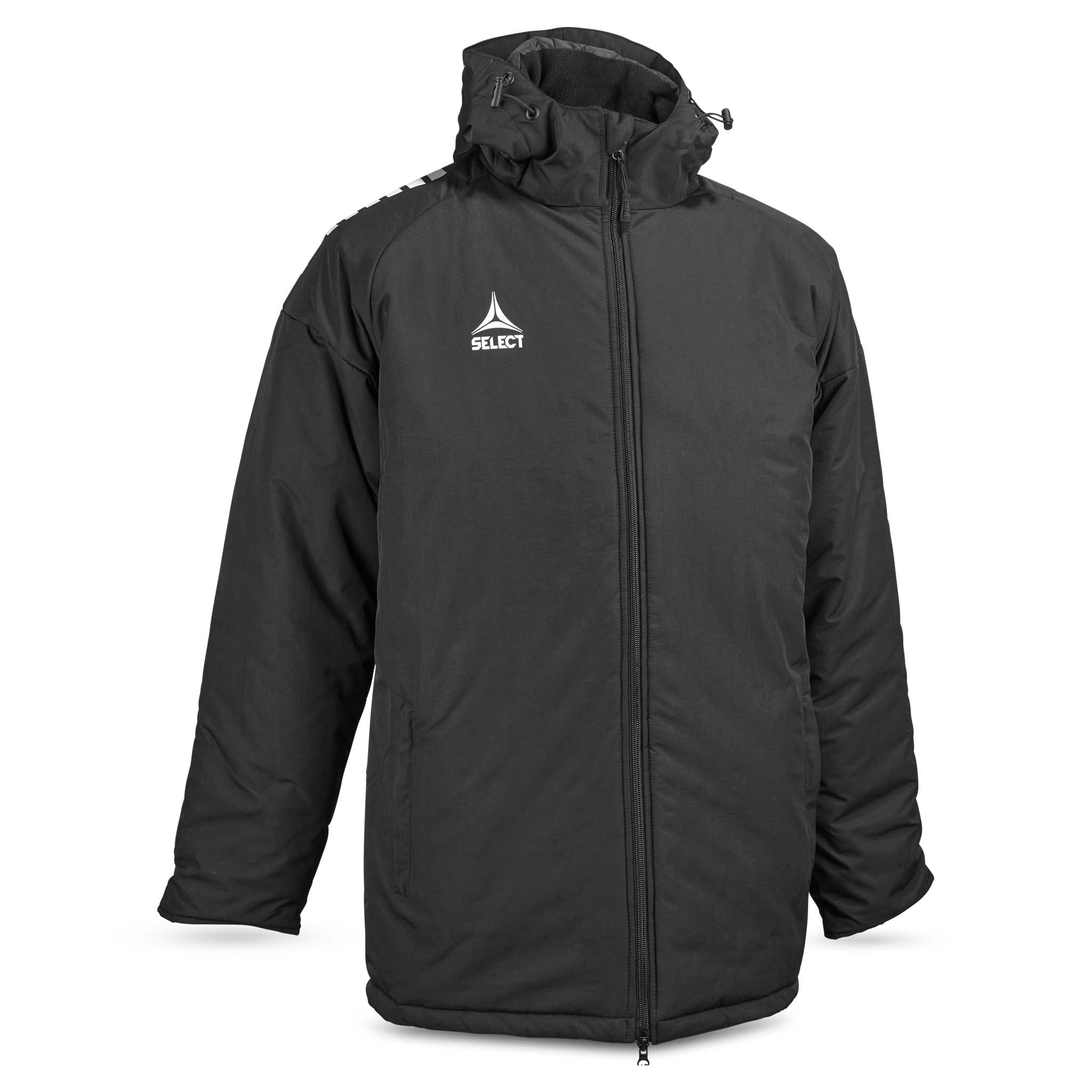 Forside av sort Coach jacket Spain v25, Match & Training wear, med hette og hvit logo.