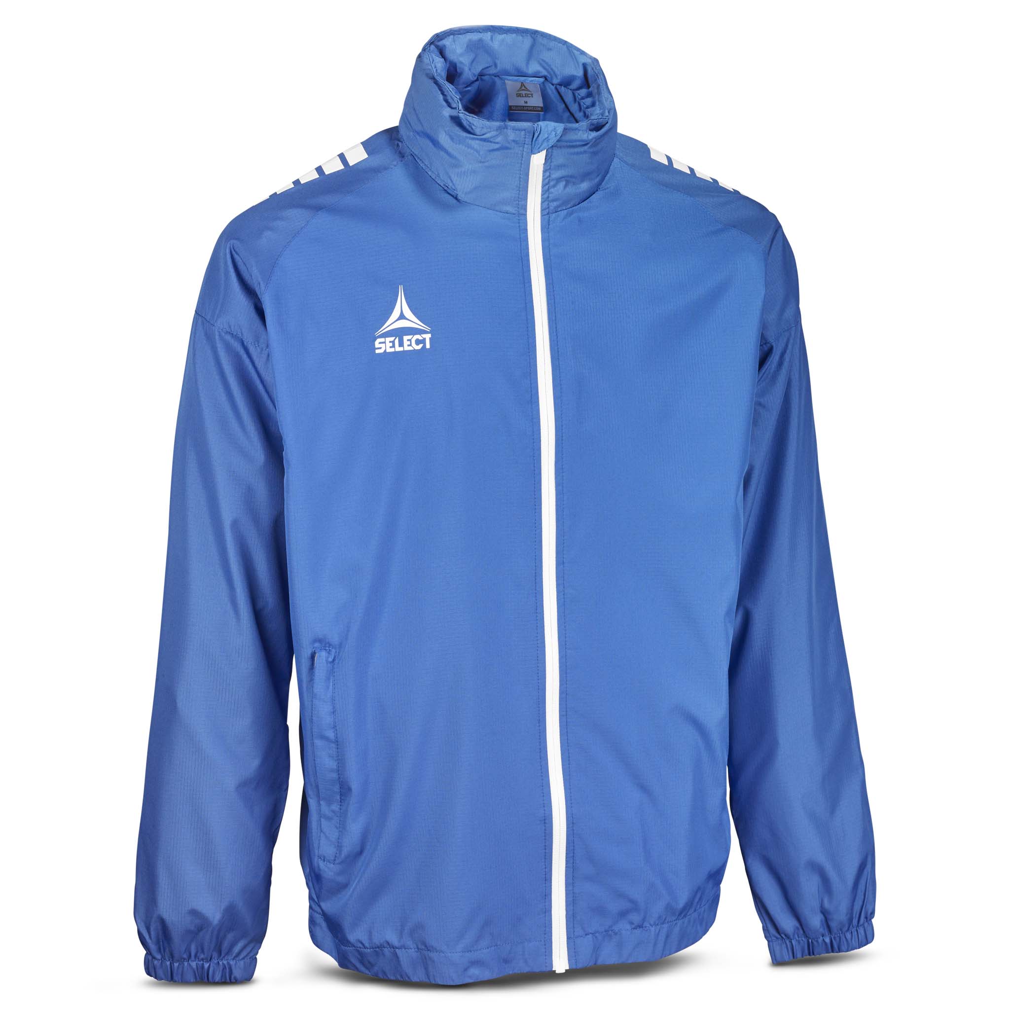 Forside av blå og hvit Training jacket Spain v25, Match & Training-klær med hvit glidelås og logo.