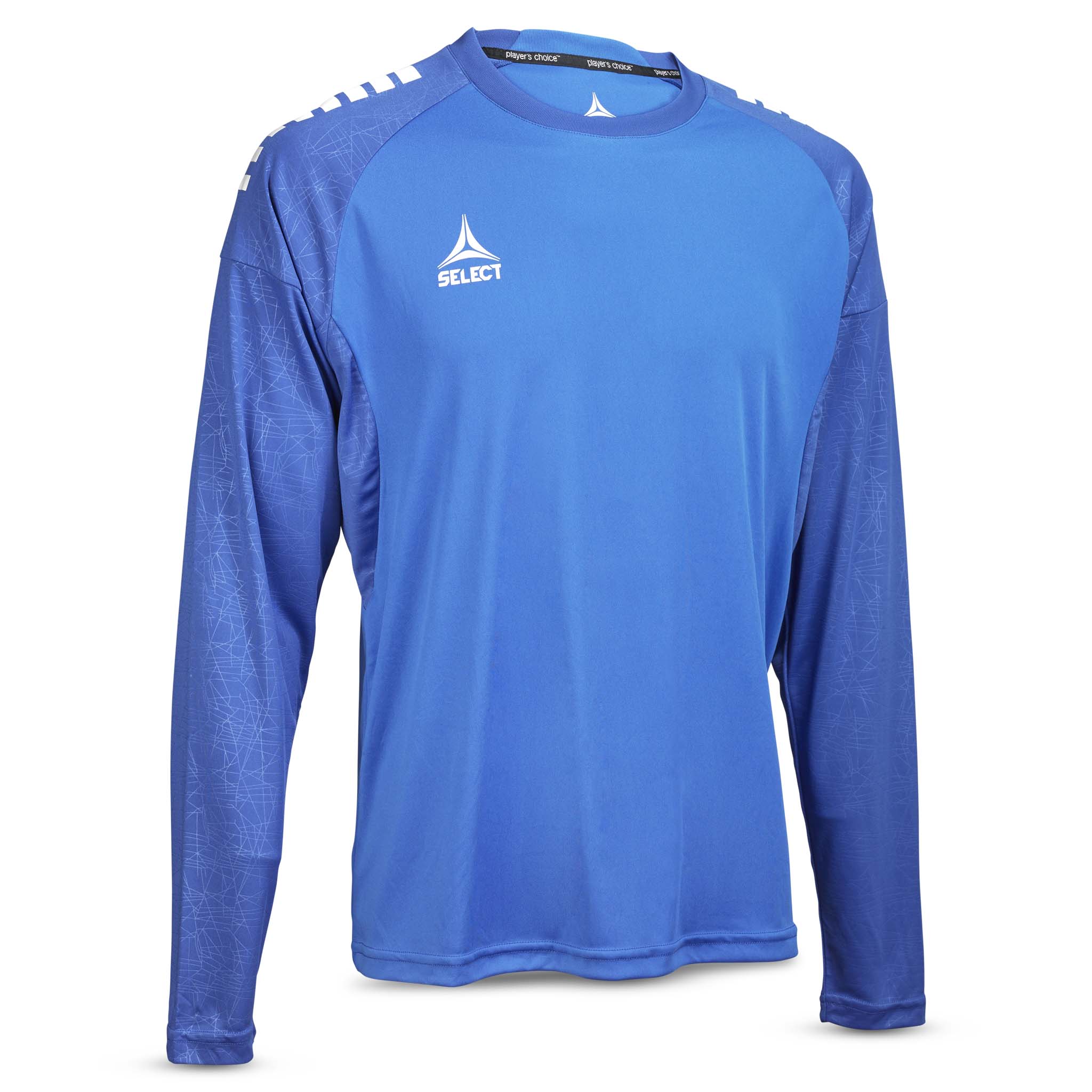Forfra av blå Player shirt L/S Spain v25, Kamp- og treningstøy, med hvit logodetalj.