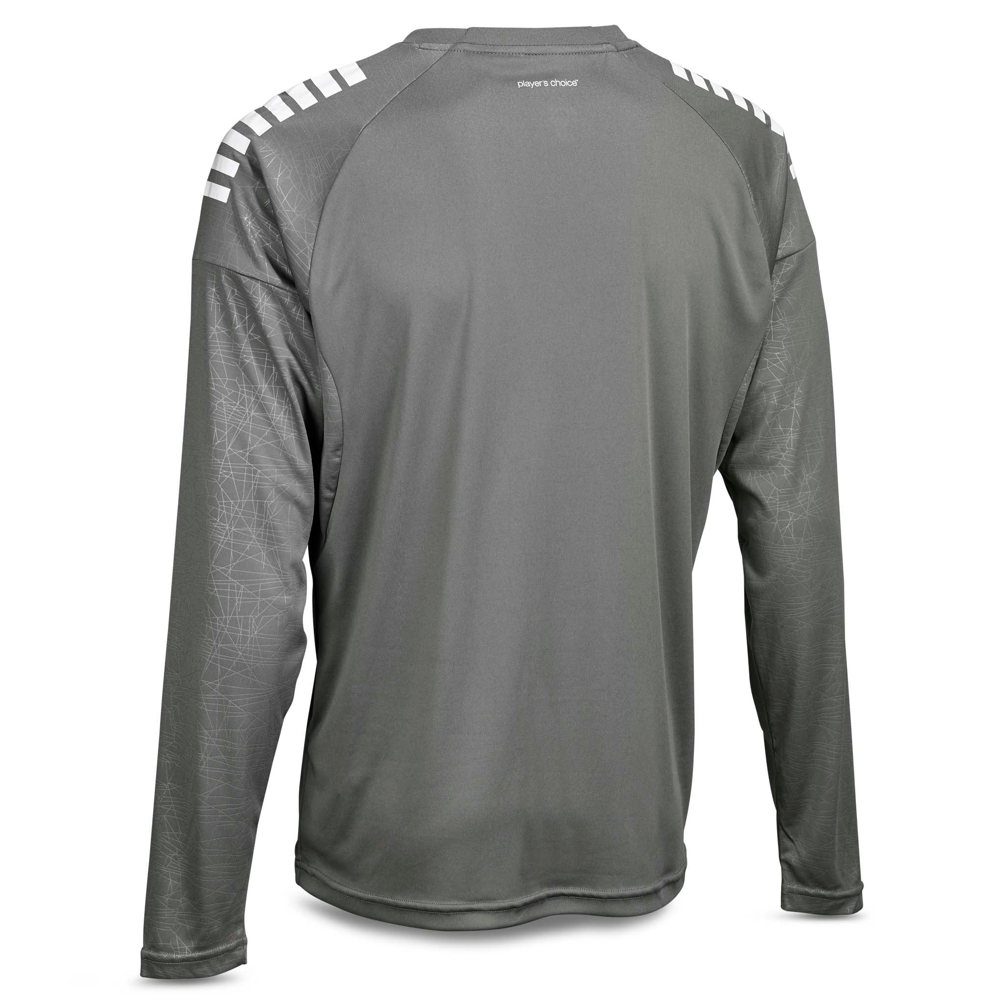 Bakside av grå/hvit Player shirt L/S Spain v25, Match & Training wear, med hvitstripete skuldre