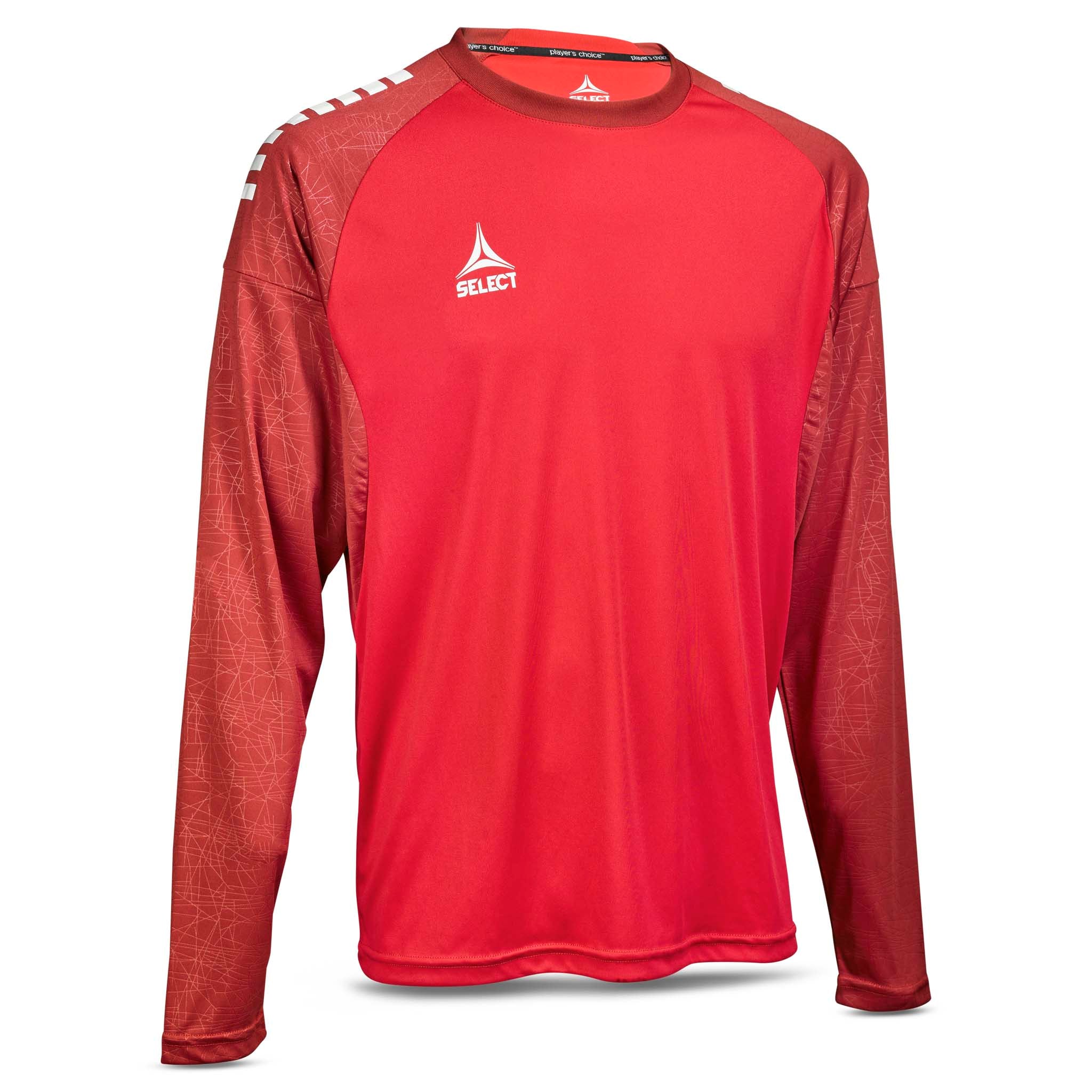 Forside av rød Player shirt L/S Spain v25 fotball Match & Training wear med hvit logo.
