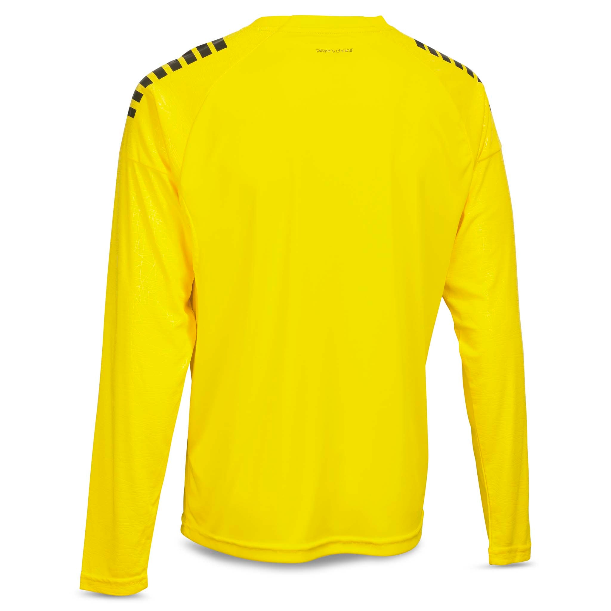 Bakside av gul Player shirt L/S Spain v25, fotball Match & Training wear med svarte skulderdetaljer.