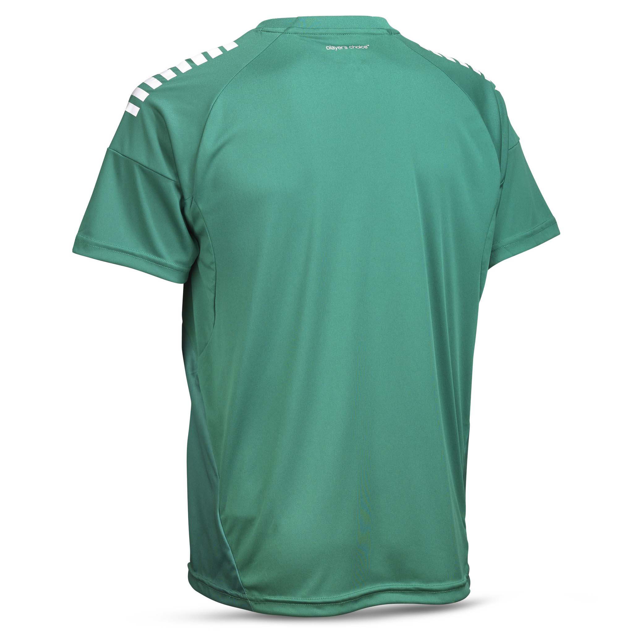 Bakside av grønn Player shirt S/S Spain striped v25, hvite skulderstriper, Match & Training fotballklær