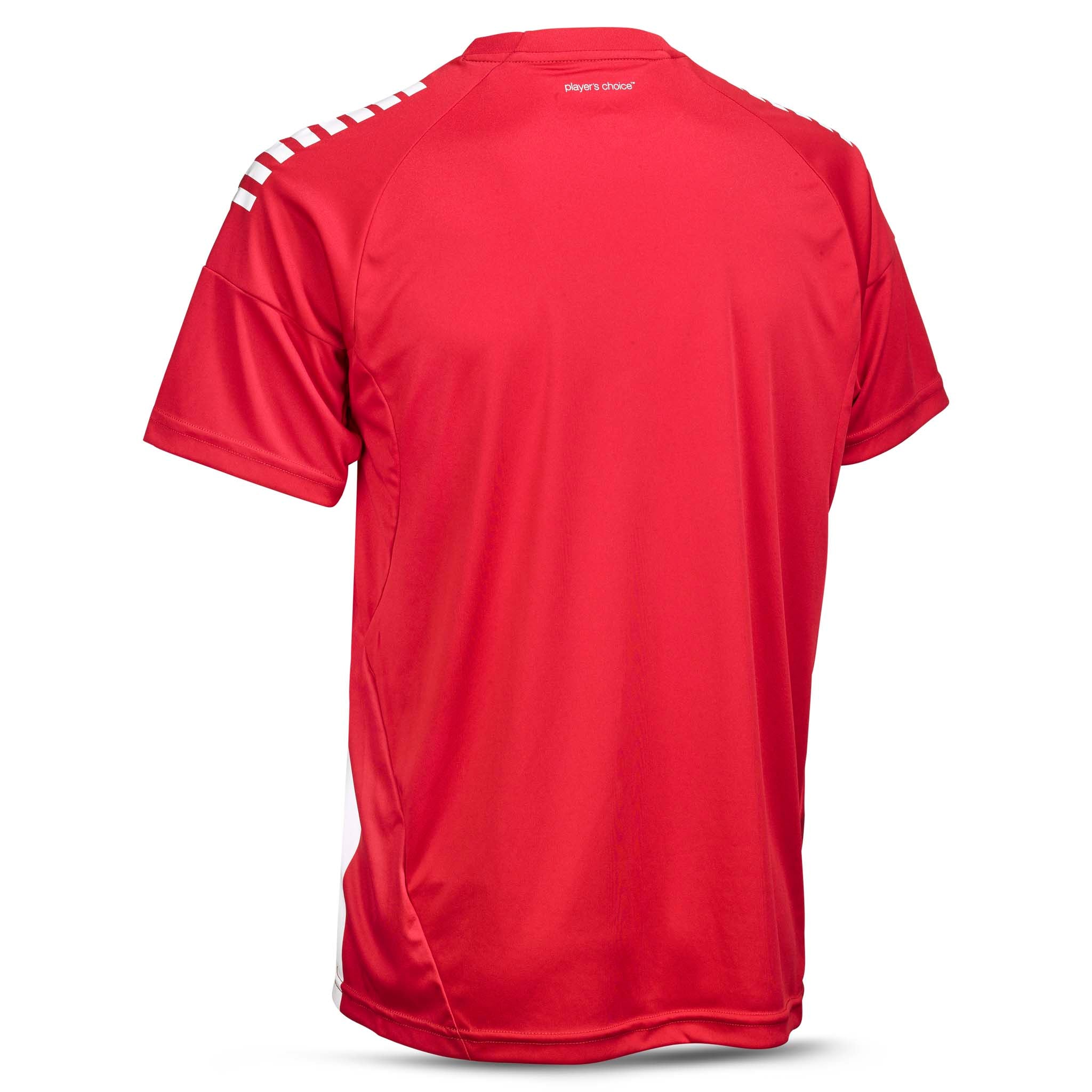 Bakside av rød Player shirt S/S Spain striped v25 med hvite skulderstriper, fotball Match & Training wear.