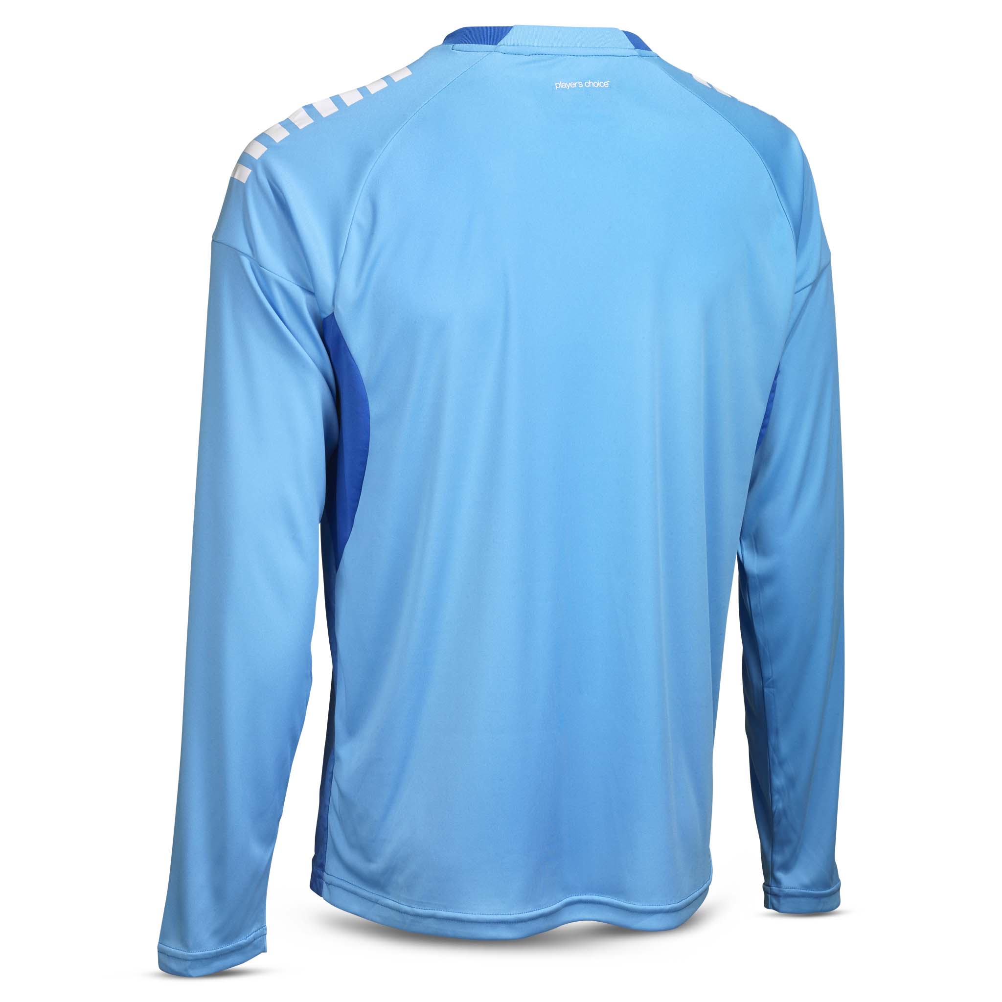 Bakside av blå Goalkeeper shirt Spain v25 med hvit skulderdetalj. Goalkeeper wear fotball.